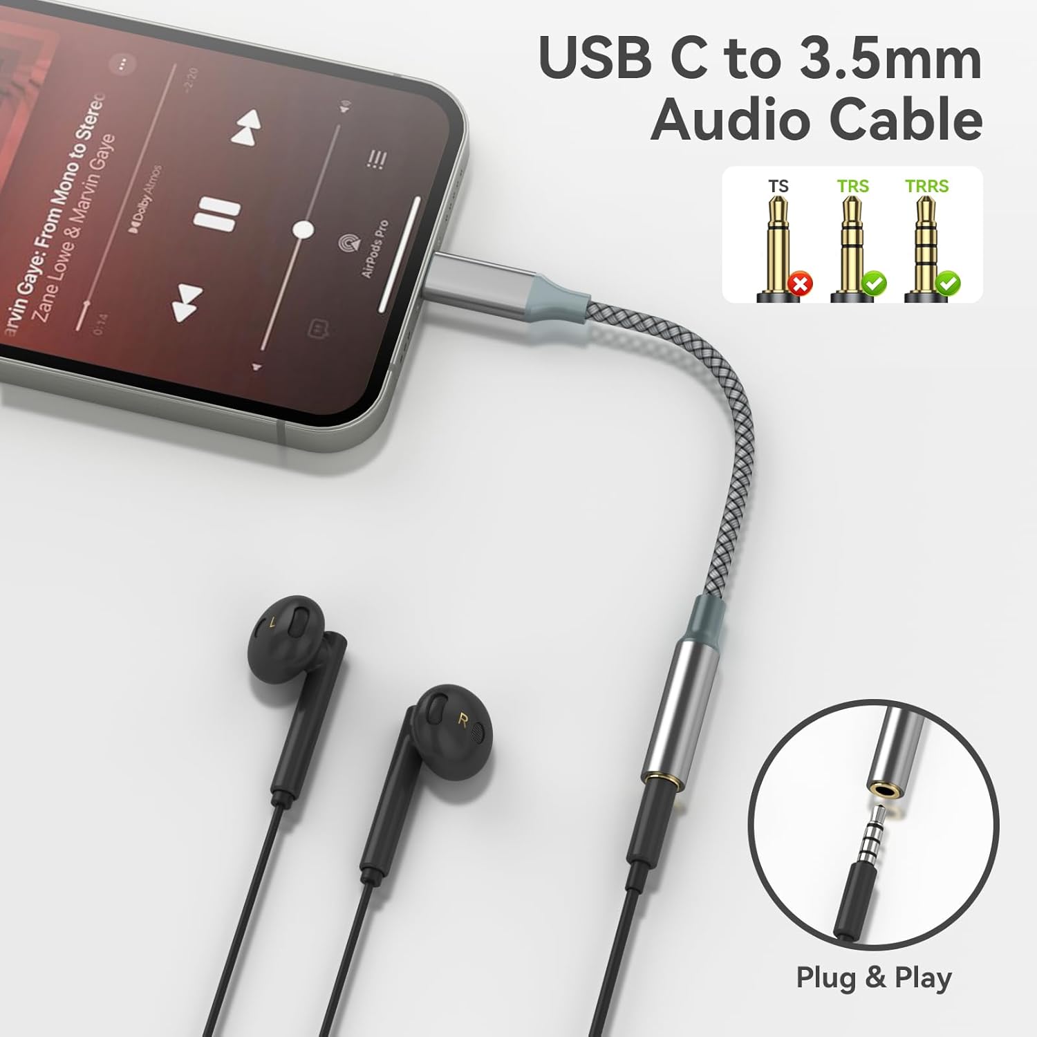 USB C to 3.5mm Headphone Jack Adapter, USB-C to Aux Audio Dongle Cable for iPhone 17 Pro Max/17 Pro, 16/15 Pro Max, 16/15 Pro, Galaxy S23-S21 Ultra, Pixel, iPad Pro, MacBook-UA50-B-0.12