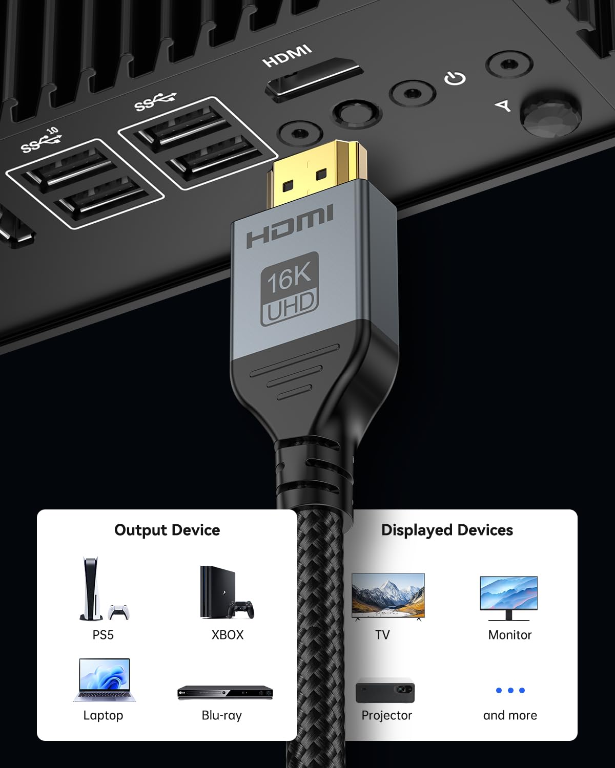 16K@60Hz HDMI 2.2 Cable ,96Gbps Ultra High Speed HDMI Cord, 16K@60Hz 8K@120Hz 4K@480Hz, eARC, Dynamic HDR, DTS:X, HDCP 2.2&2.3 for Roku TV, PS5, Blu-ray Player, Projector