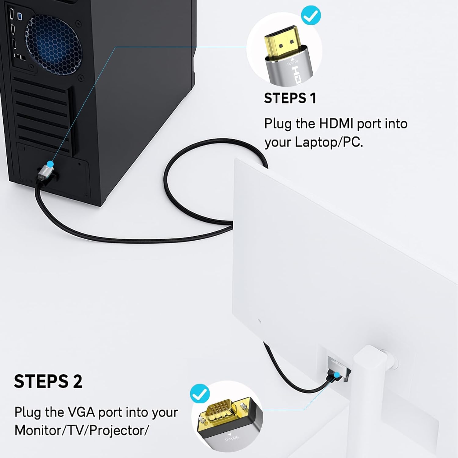 HDMI to VGA Adapter Cable 6FT [Metal Case, PVC Cable] 1080P@60Hz HDMI Male to VGA Male Uni-Directional  for Computer, Laptop, Monitor, Roku, Xbox, Graphics Card More---AV51-D-1.8