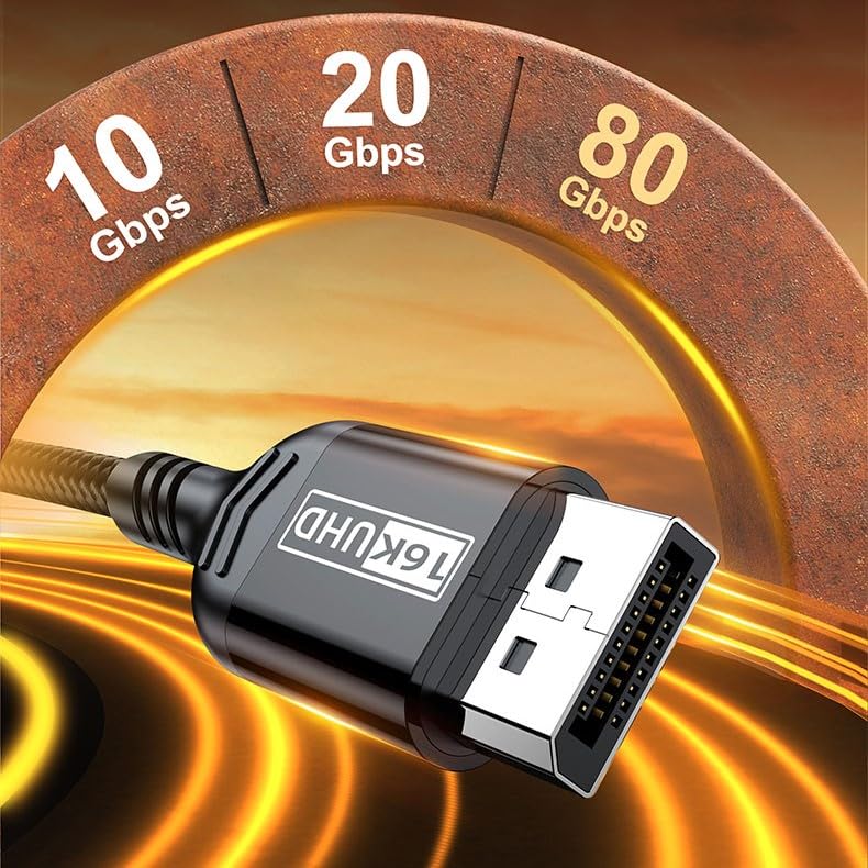 DisplayPort TO DisplayPort 2.1 Cable, 80Gbps High-Speed,16K@60Hz, 8K@120Hz, 4K@240Hz, Support Dynamic HDR/HDCP/DSC and 3D, G-Sync FreeSync Gaming PC, Gaming Monitor, Braided,, Black-AV99-B