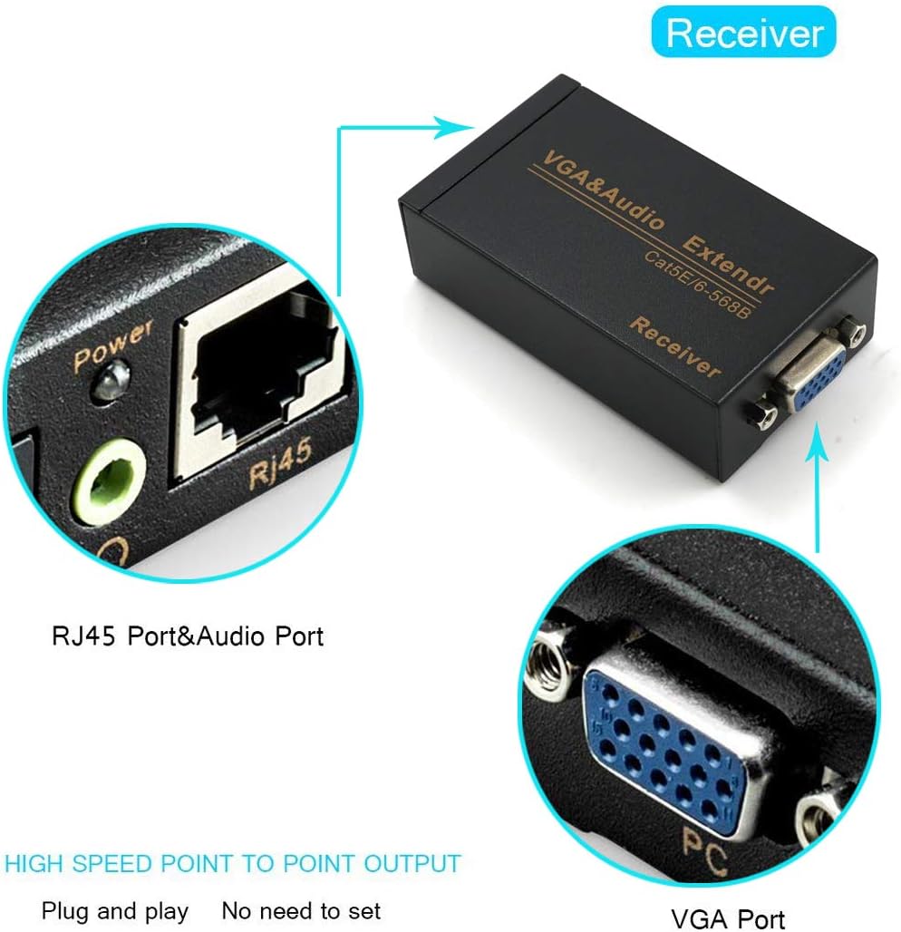 VGA Extender Over Cat 6 up to 328ft / 100M VGA Extension Adapter Over RJ45 Ethernet Cable (1 Transmitter + 1 Receiver)--EX04-A-100-BK