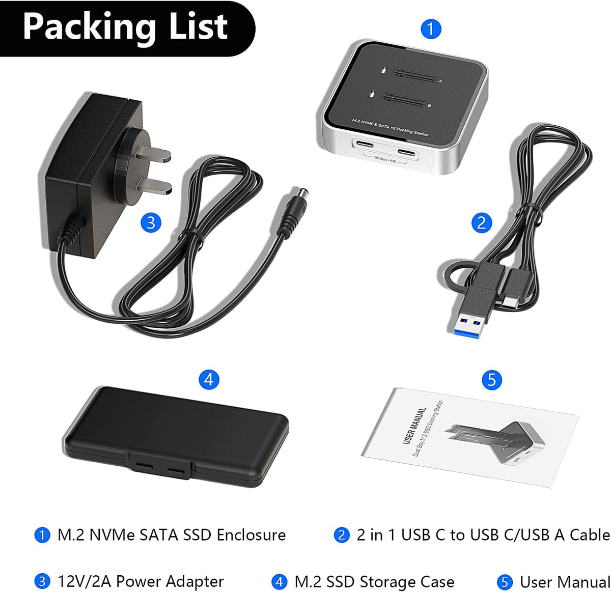‌Dual Bay M.2 NVMe & SATA SSD Enclosure – 10Gbps USB 3.2 Hub Docking Station, Up to 16TB, Plug & Play with Storage Case