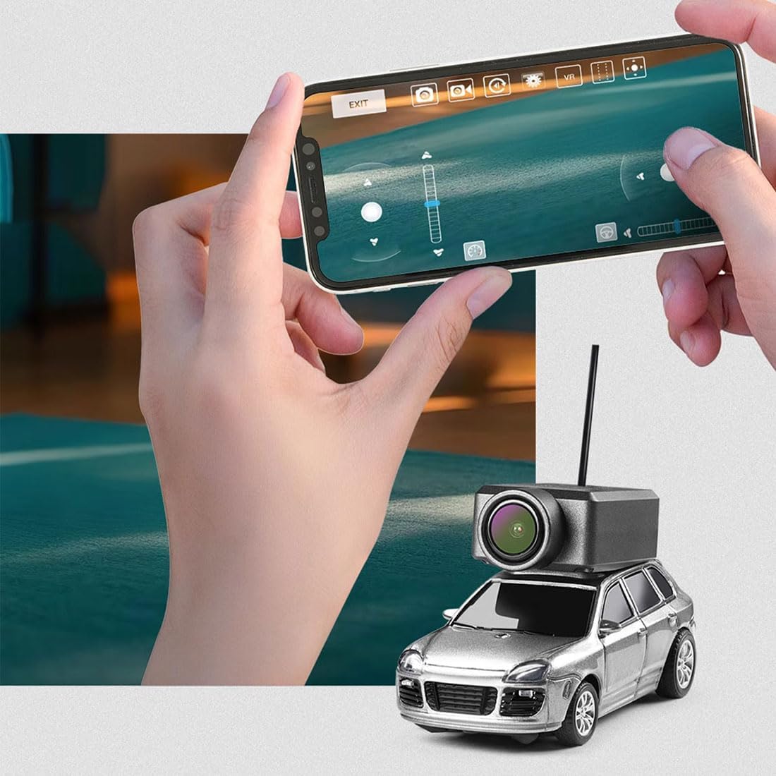 Mini RC Car with Camera, 1/64 Scale APP-Controlled Fully Proportional FPV Remote Control Racing Car with Gyro and Underbody Lighting