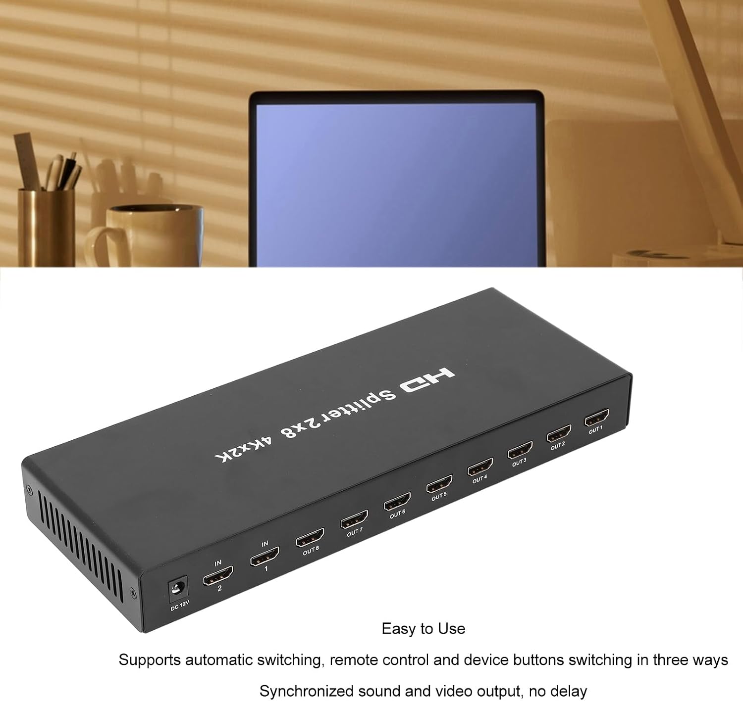4K HDMI Switch 2 in 8 Out, Automatic HDMI Switcher Splitter with Remote Control, 3 Switching Modes, Aluminium HDMI Video Selector Box for Desktops TVs Laptops Set Top Boxes Games-XHS0208