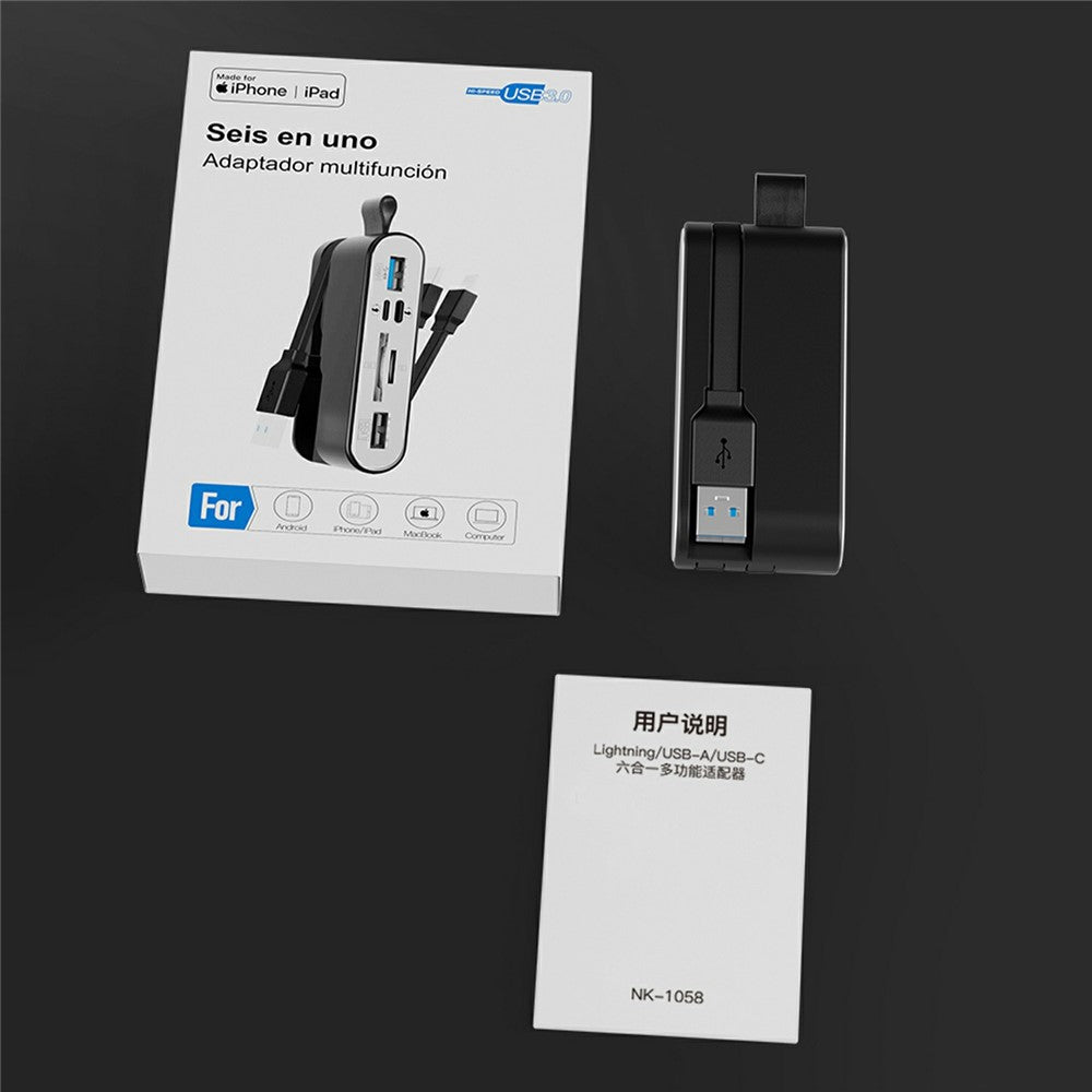 6-in-1 SD Card Reader & USB OTG Adapter for iPhone/iPad, USB-C and USB-A Devices with Micro SD & SD Card Slots, Supports SDHC/SDXC/MMC-NK-1058HD