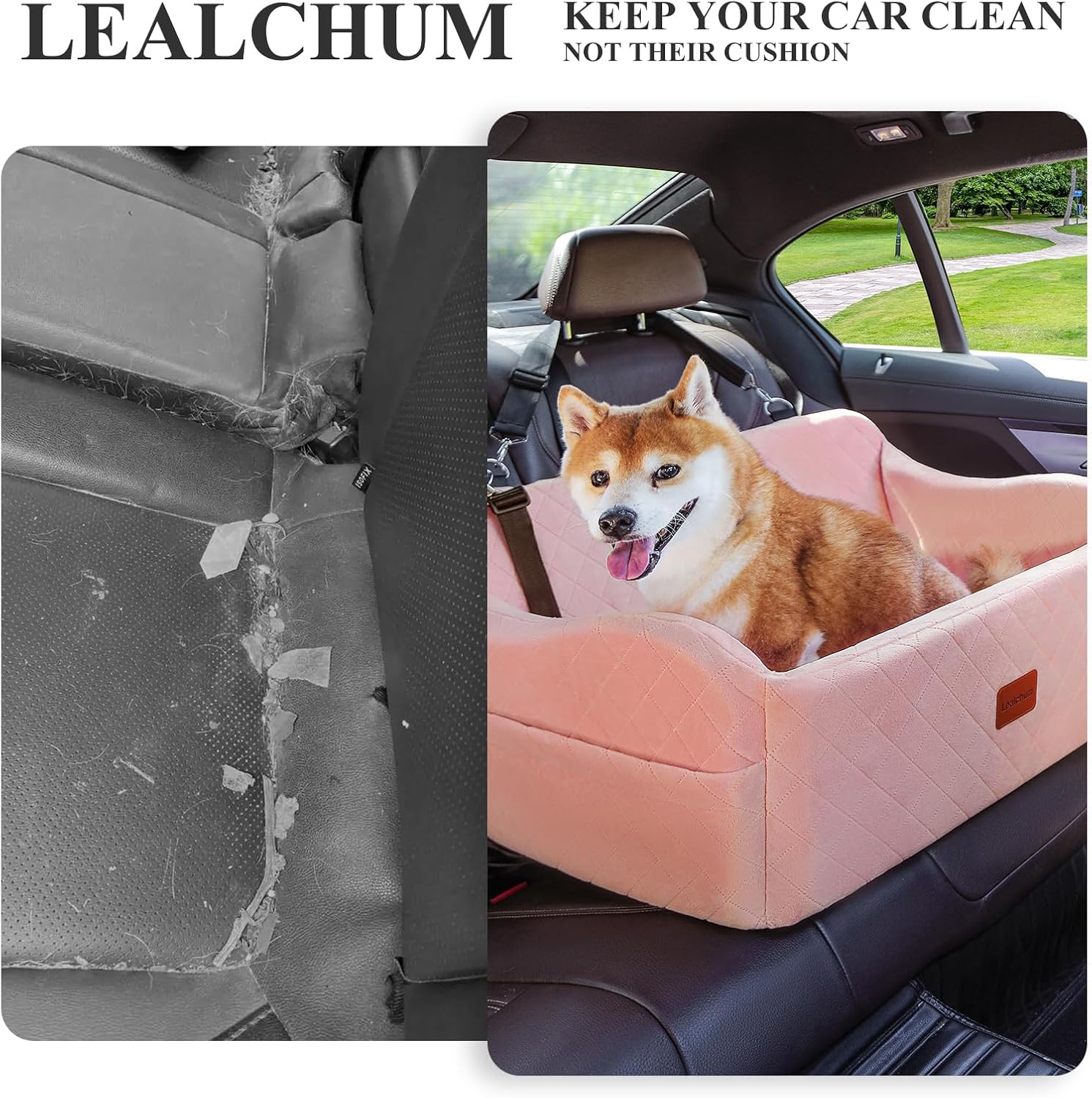 Dog Car Seat for Medium/Large Dogs,2 Clip-On Safety Leashs for 2 Small Dogs,Removable and Washable Comfy Pet Car Seat,Easy to Install and Clean (Pink, Large)