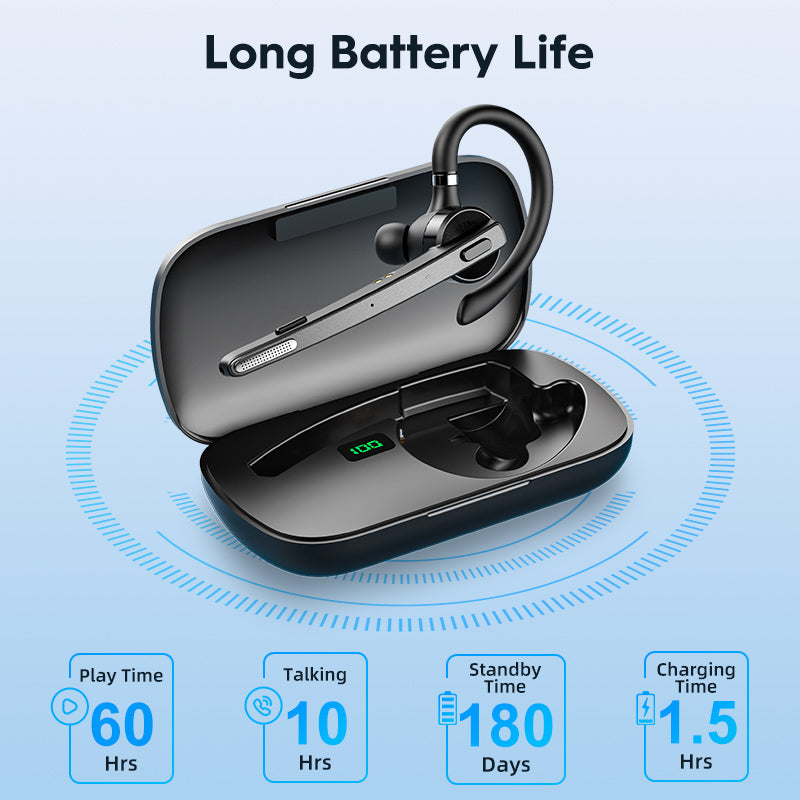 Bluetooth Headset, 72-Hour Talk Time Wireless Bluetooth Earpiece for Cellphone with 500mAh Charging Case, Bluetooth V5.1 Dual Mic Noise-Cancelling Hands-Free Earphones for Office and Driving-BT27-A-BK
