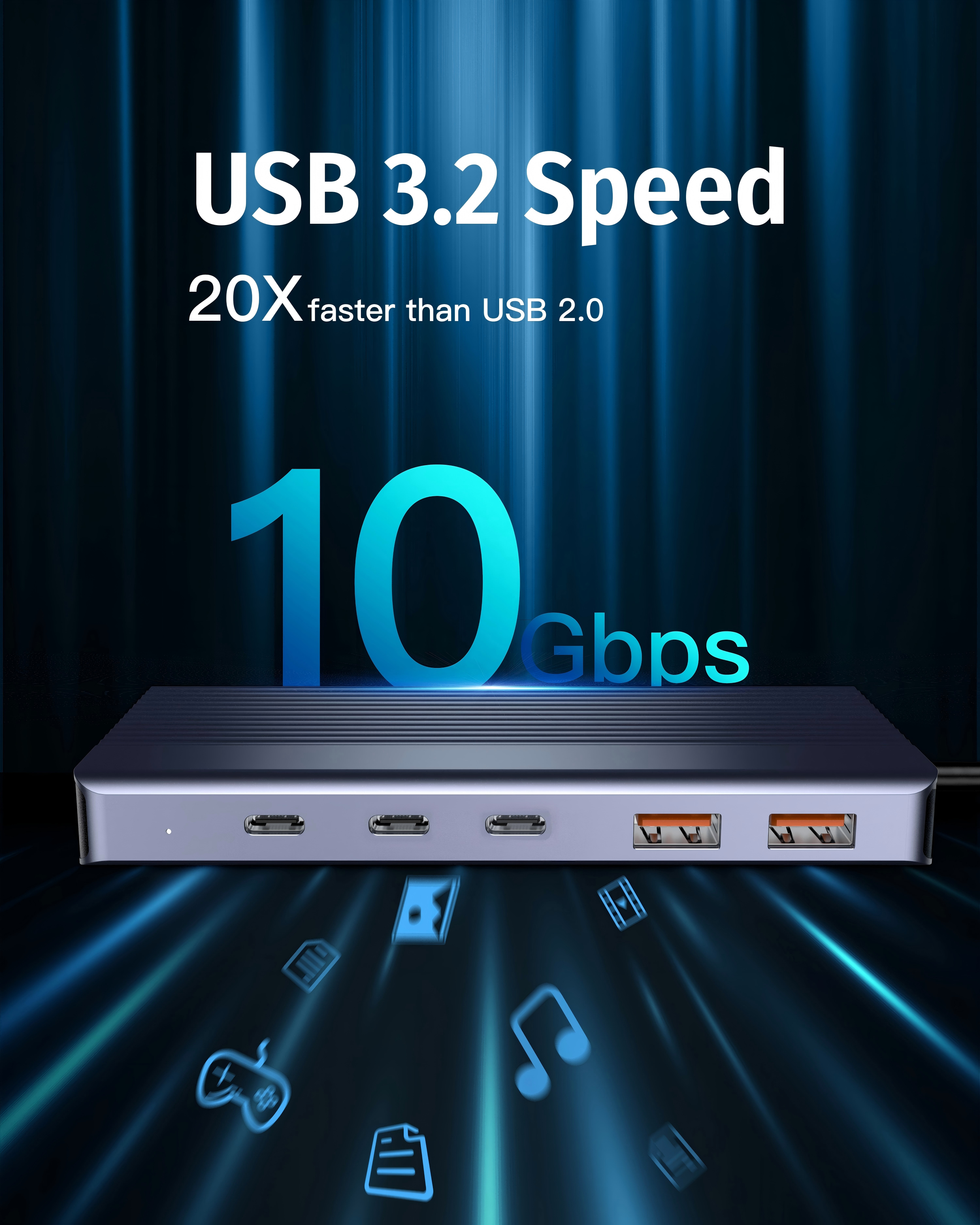 5-in-1 USB-C Hub, PD100W,Dual 10Gbps USB-A 3.2 Data Ports, Dual 10Gbps USB-C 3.2 Data Ports, PD 100W Charging Port, Aluminum Alloy Stripe Design Compact and Portable compatible with Windows, Mac OS, and Android systems.-UH05-0001