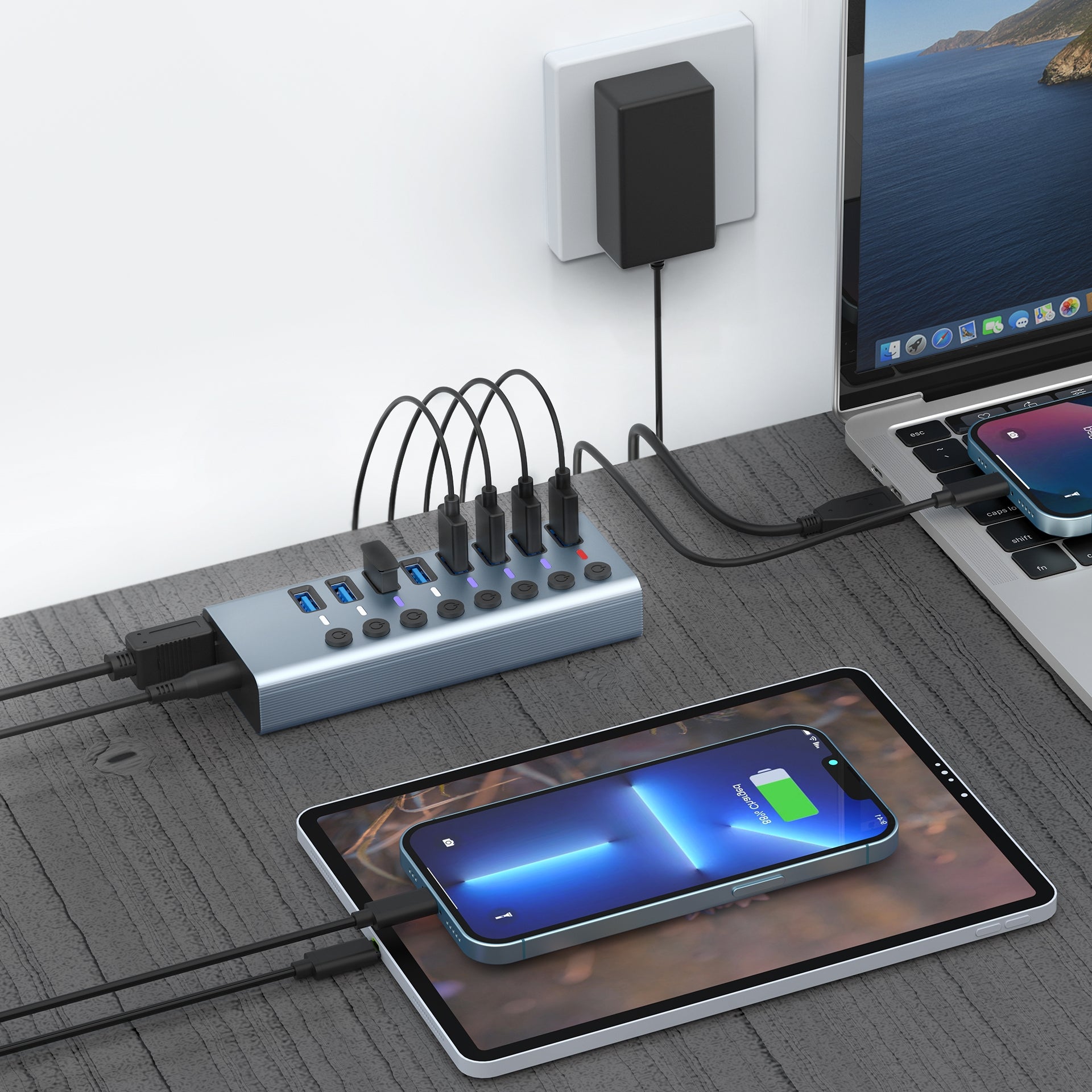 USB 3.2 Gen 1 Hub, 7 Ports + 1 x Quick Charging Port, On/Off Switch, Aluminium