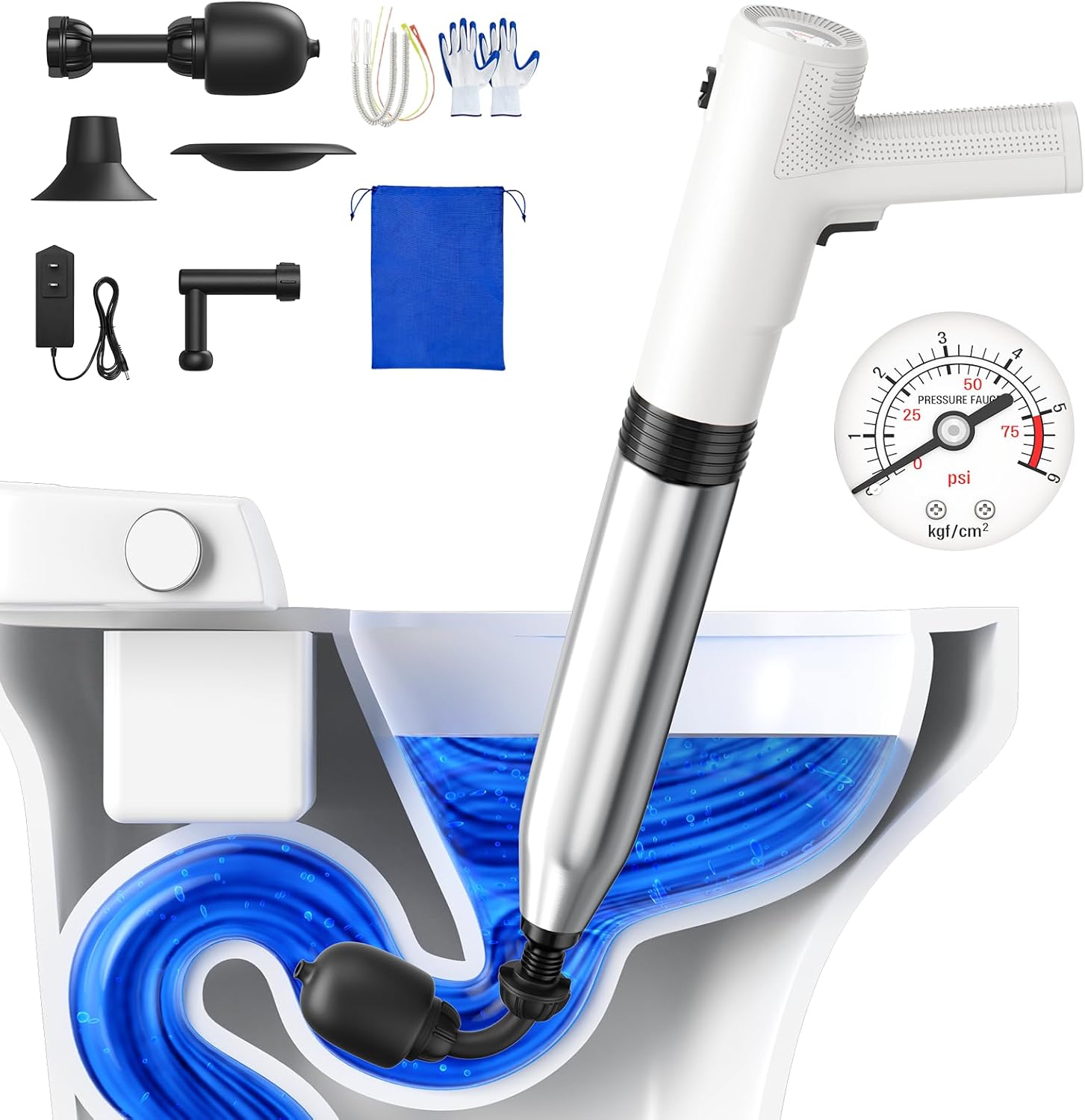 Electric Toilet Plungers for Bathroom,4 in 1 Toilet Unclogger,Auto-inflation Toilet Plunger Clog Remover Get Instant Result,High Pressure Toilet Plunger Heavy Duty for Washbasin,Sinks,Drain-White