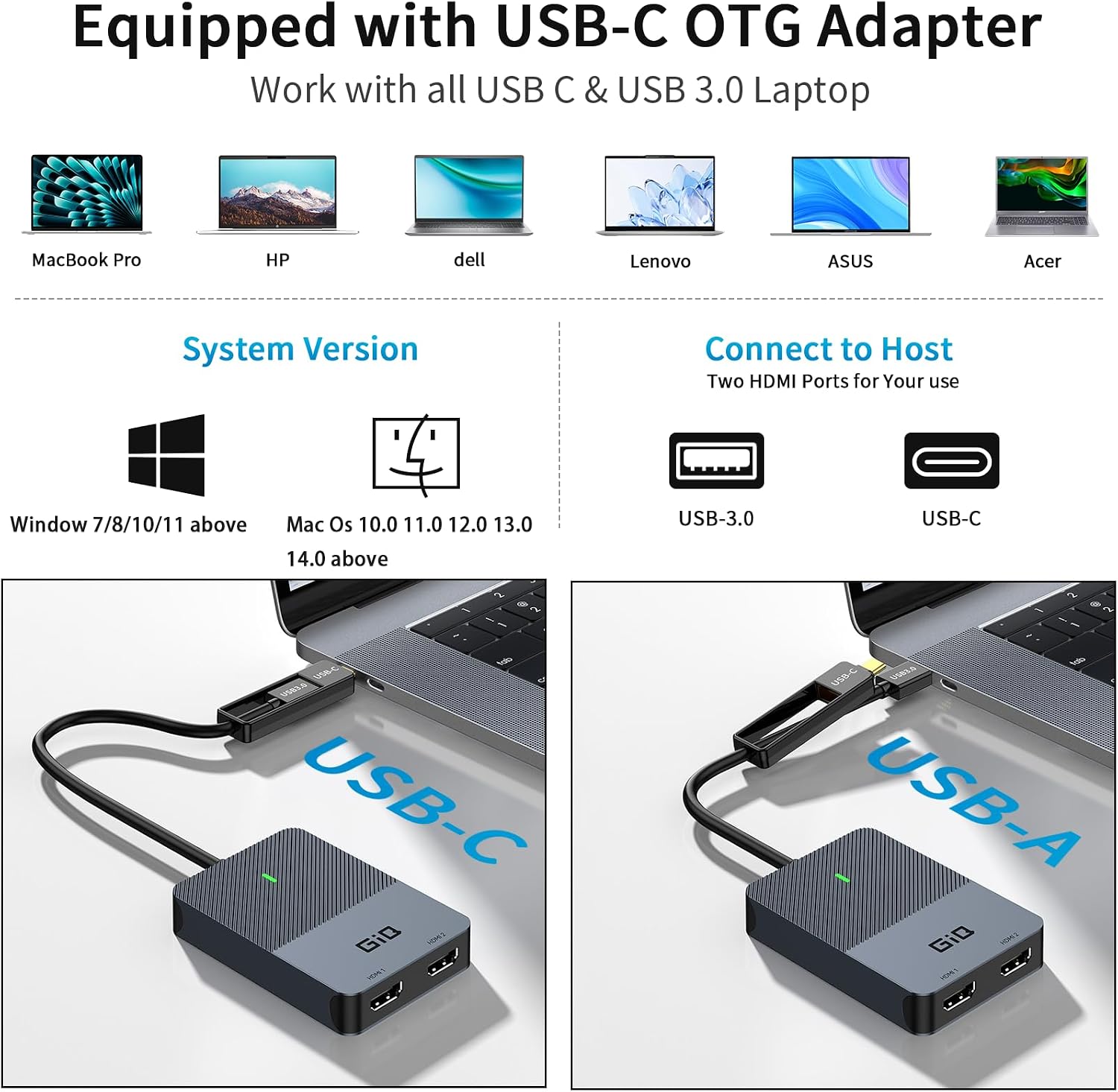 Giq USB 3.0 to Dual HDMI Monitor Adapter 2K@ 60Hz,Universal Video Graphics Card,USB to Hdmi Splitter Extender Monitor for USB 3.0 A or USB-C Hub Dock Compatible with Mac OS,Windows-D6102H