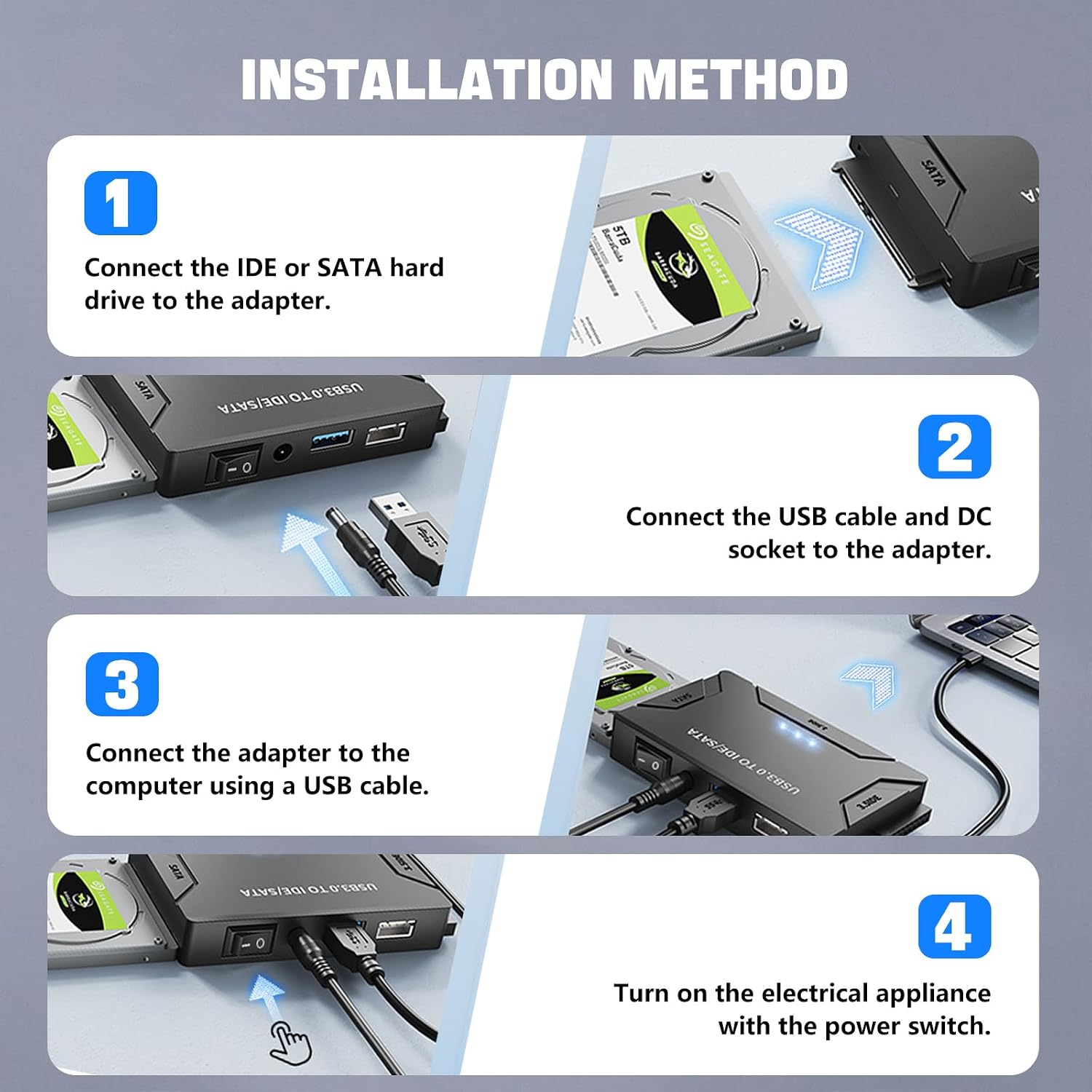 Hard Drive Reader USB 3.0 & Type C to SATA IDE Adapter, Data Transfer Kit Recovery Converter with 12V/2A Power for 2.5"/3.5" SATA/IDE HDD SSD Hard Disk Internal Blu-ray Drive, up to 20TB--ST01