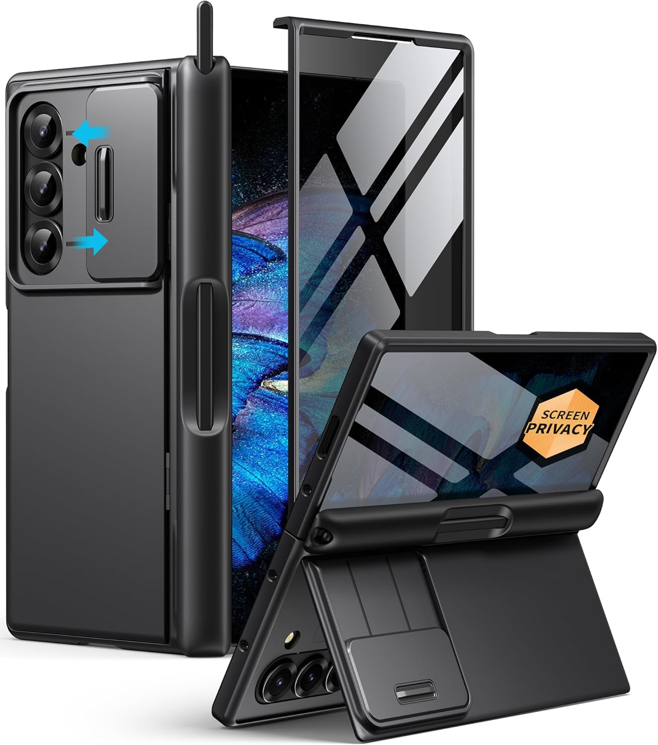MOBOSI for Z Fold 7 Case with Privacy Screen Protector, [Anti Spy] Hidden Kickstand & Slide Camera Cover & Hinge Protective, Full Body Shockproof Phone Case for Samsung Galaxy Z Fold 7, Black Stylus