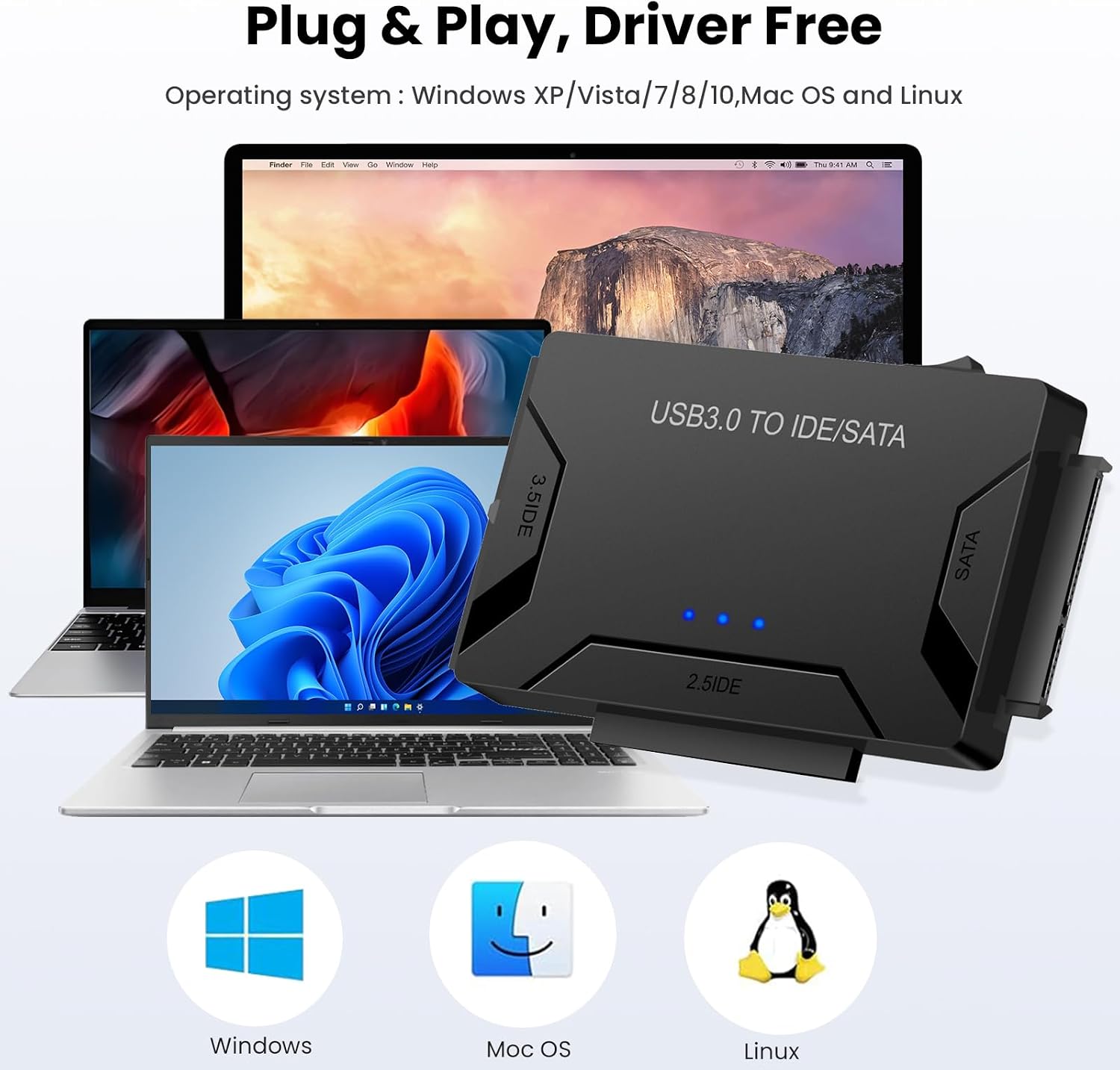 Hard Drive Reader USB 3.0 & Type C to SATA IDE Adapter, Data Transfer Kit Recovery Converter with 12V/2A Power for 2.5"/3.5" SATA/IDE HDD SSD Hard Disk Internal Blu-ray Drive, up to 20TB--ST01