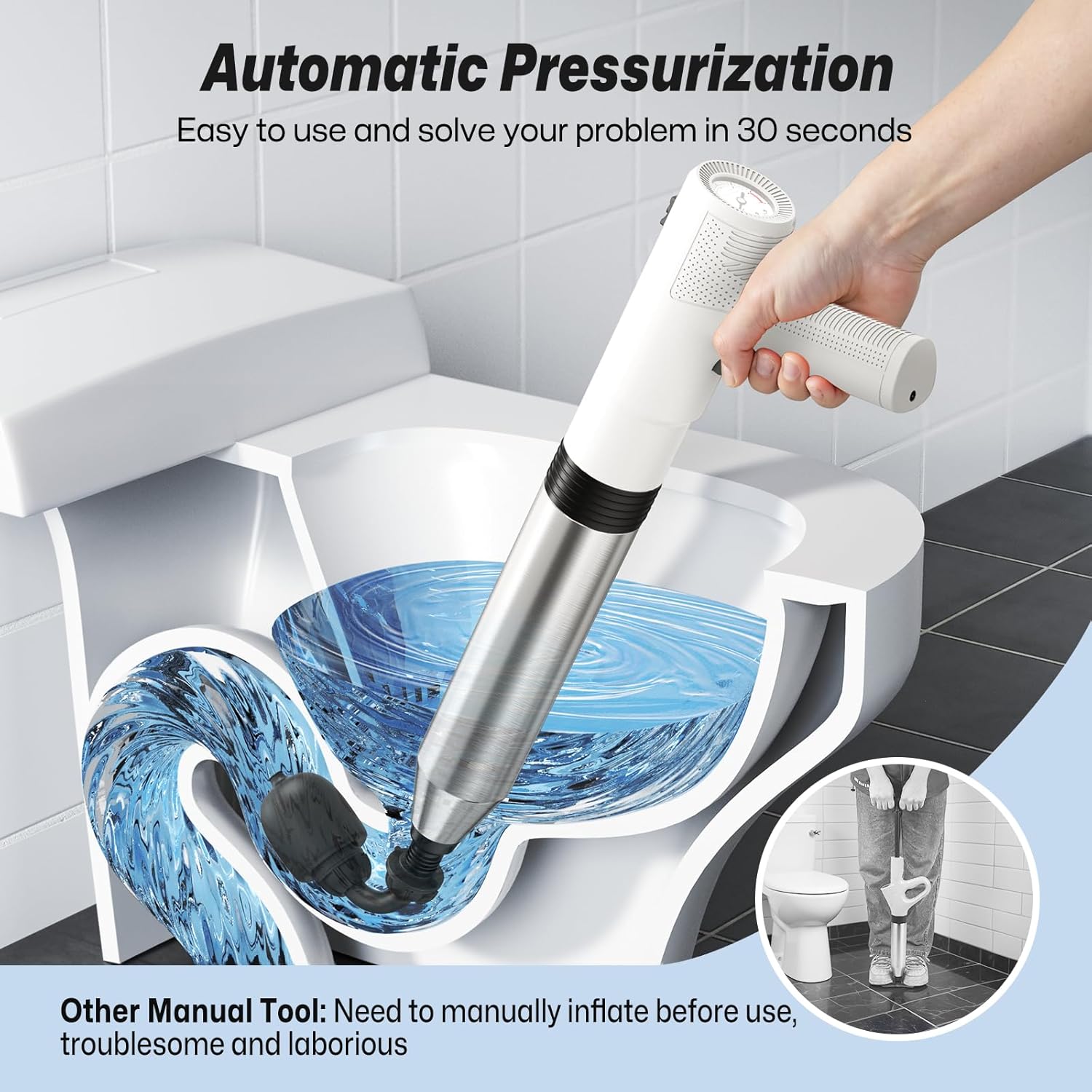 Electric Toilet Plungers for Bathroom,4 in 1 Toilet Unclogger,Auto-inflation Toilet Plunger Clog Remover Get Instant Result,High Pressure Toilet Plunger Heavy Duty for Washbasin,Sinks,Drain-White