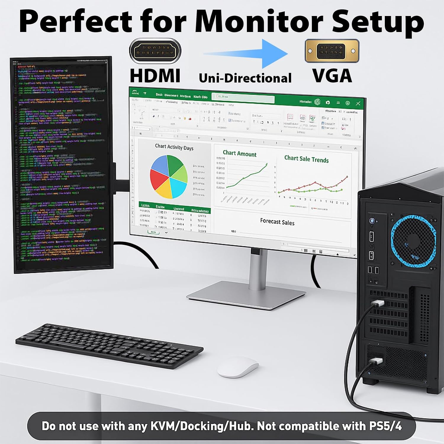 HDMI to VGA Adapter Cable 6FT [Metal Case, PVC Cable] 1080P@60Hz HDMI Male to VGA Male Uni-Directional  for Computer, Laptop, Monitor, Roku, Xbox, Graphics Card More---AV51-D-1.8