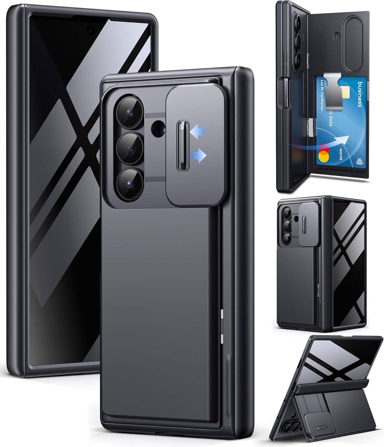Samsung Galaxy Z Fold 7 2025 MOBOSI Wallet Case Black, Built-in Slide Camera Cover & Large Kickstand, Anti Spy Privacy Screen Protector Included, 4-Card Slots Anti-Peep Z7 Phone Cover