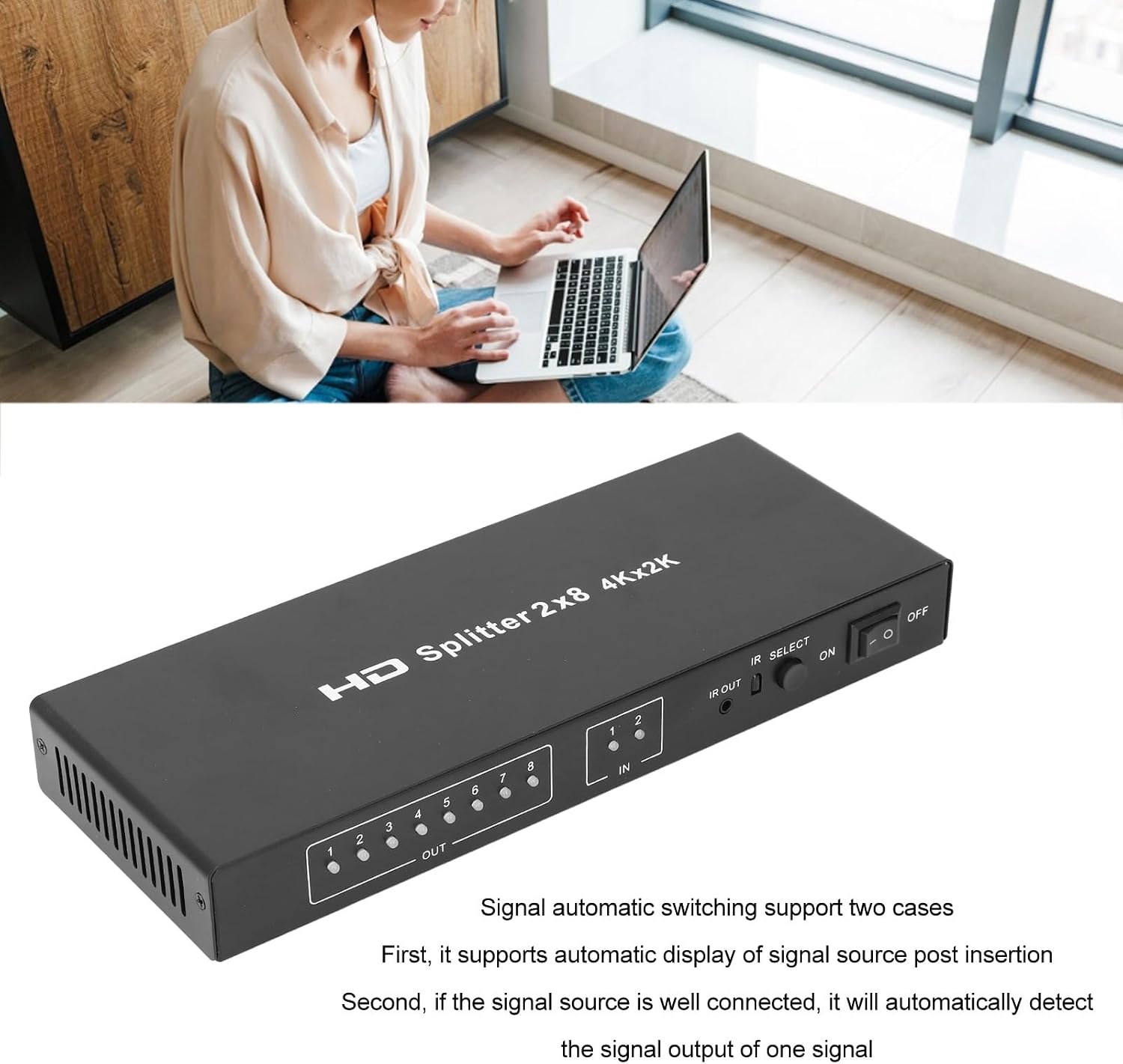 4K HDMI Switch 2 in 8 Out, Automatic HDMI Switcher Splitter with Remote Control, 3 Switching Modes, Aluminium HDMI Video Selector Box for Desktops TVs Laptops Set Top Boxes Games-XHS0208