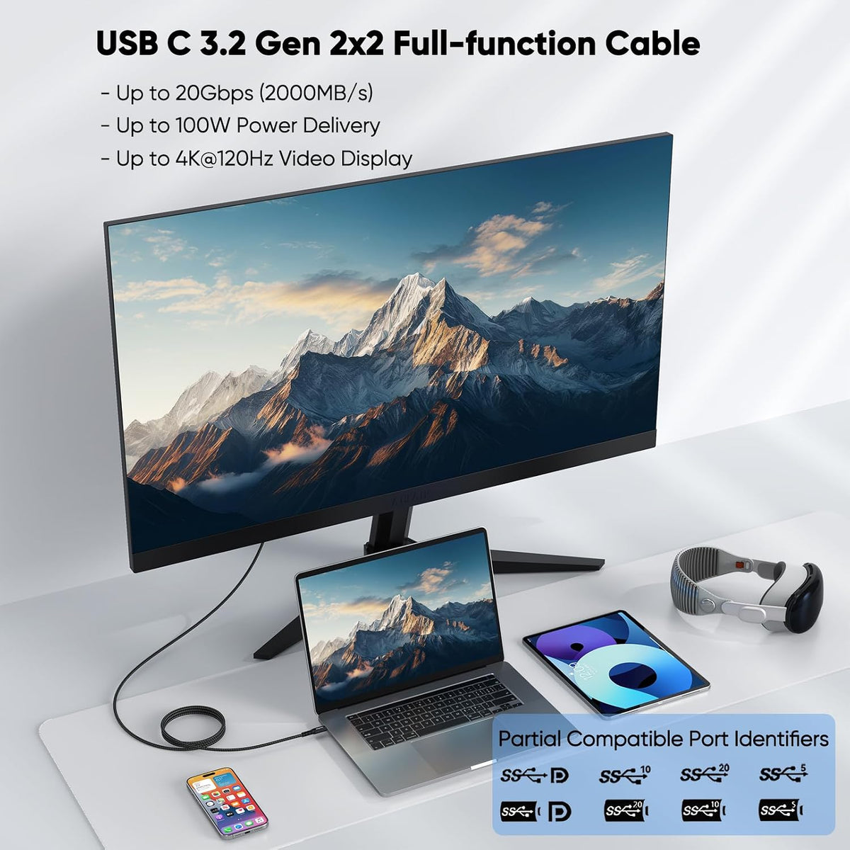 USB-C to USB-C 4k@60hz Cable, USB-C 3.2 Gen 2 20Gbps High Speed Transfer 100W Fast Charging Full Function Cord for Macbook Phone Monitor,Tablets, Laptops-CC0030-B