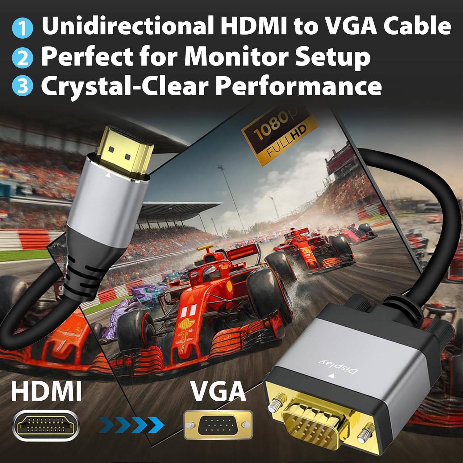 HDMI to VGA Adapter Cable 6FT [Metal Case, PVC Cable] 1080P@60Hz HDMI Male to VGA Male Uni-Directional  for Computer, Laptop, Monitor, Roku, Xbox, Graphics Card More---AV51-D-1.8
