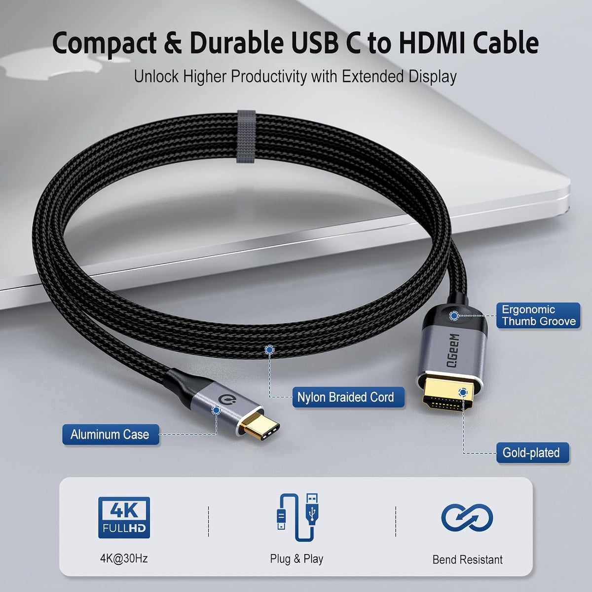 QGeeM USB-C to HDMI Cable-4K@30Hz, Thunderbolt 3 Compatible for iPhone 15 Pro Max,Galaxy,MacBook Pro/air,Dell XPS