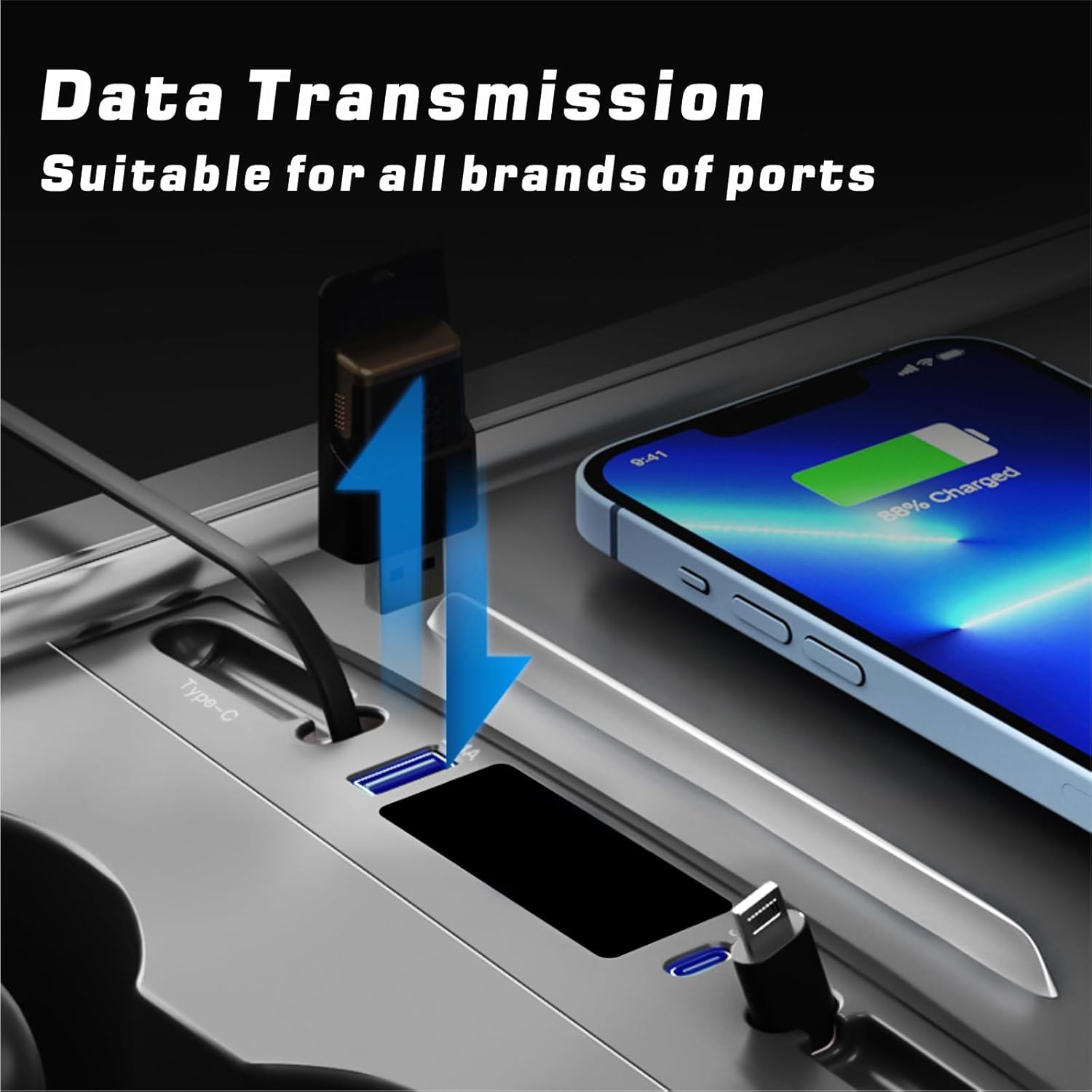 New Upgraded Docking Station with 2 Retractable Charging Cables, Support 27W PD Fast Charging, Car USB Hub Charger Multi Port for 2021 2022 2023 Tesla Model 3/Y, LED Lighting (PD+Type C)