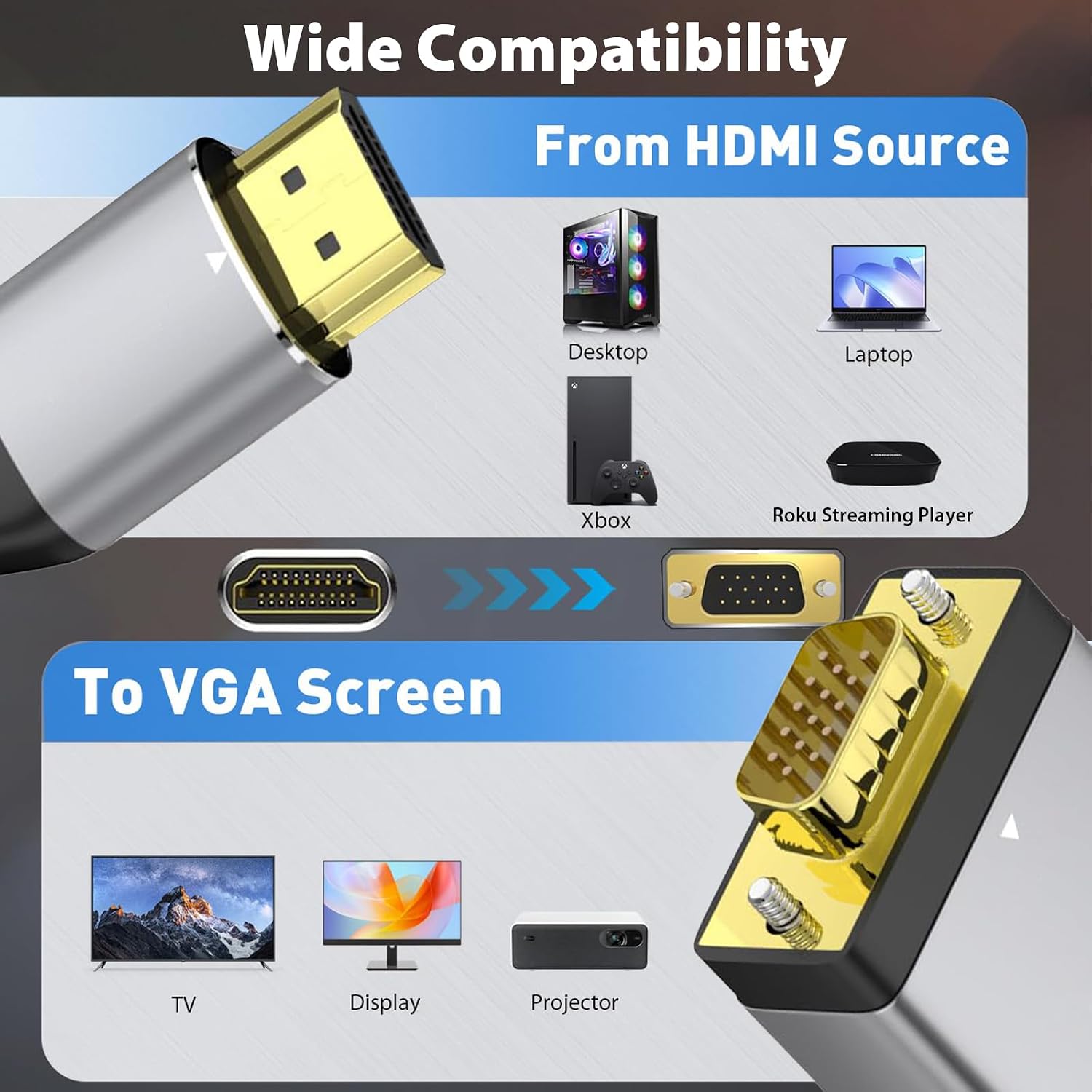 HDMI to VGA Adapter Cable 6FT [Metal Case, PVC Cable] 1080P@60Hz HDMI Male to VGA Male Uni-Directional  for Computer, Laptop, Monitor, Roku, Xbox, Graphics Card More---AV51-D-1.8