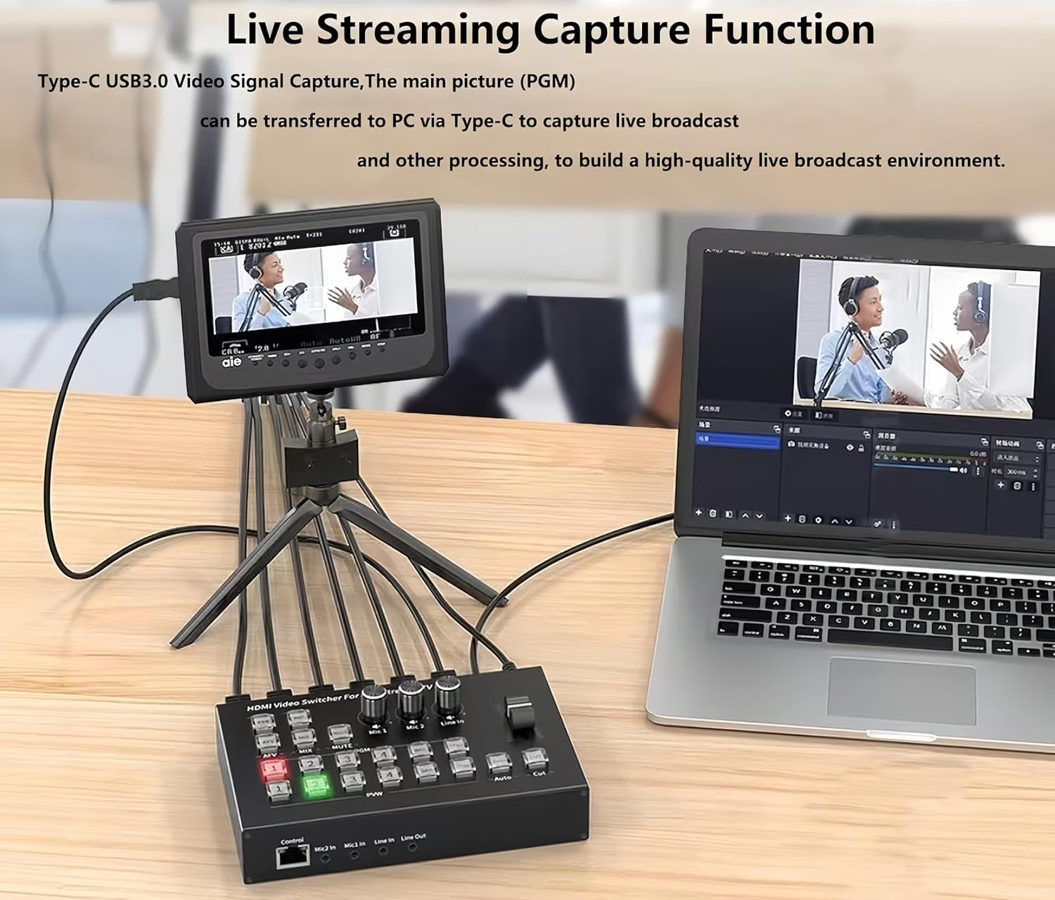 4 Channels SDI/HDMI Video switcher for Live Streaming Support HD Embedded Audio and External Analog Audio, Video switcher for Live Streaming 4 in 2 Out HDMI Video switcher