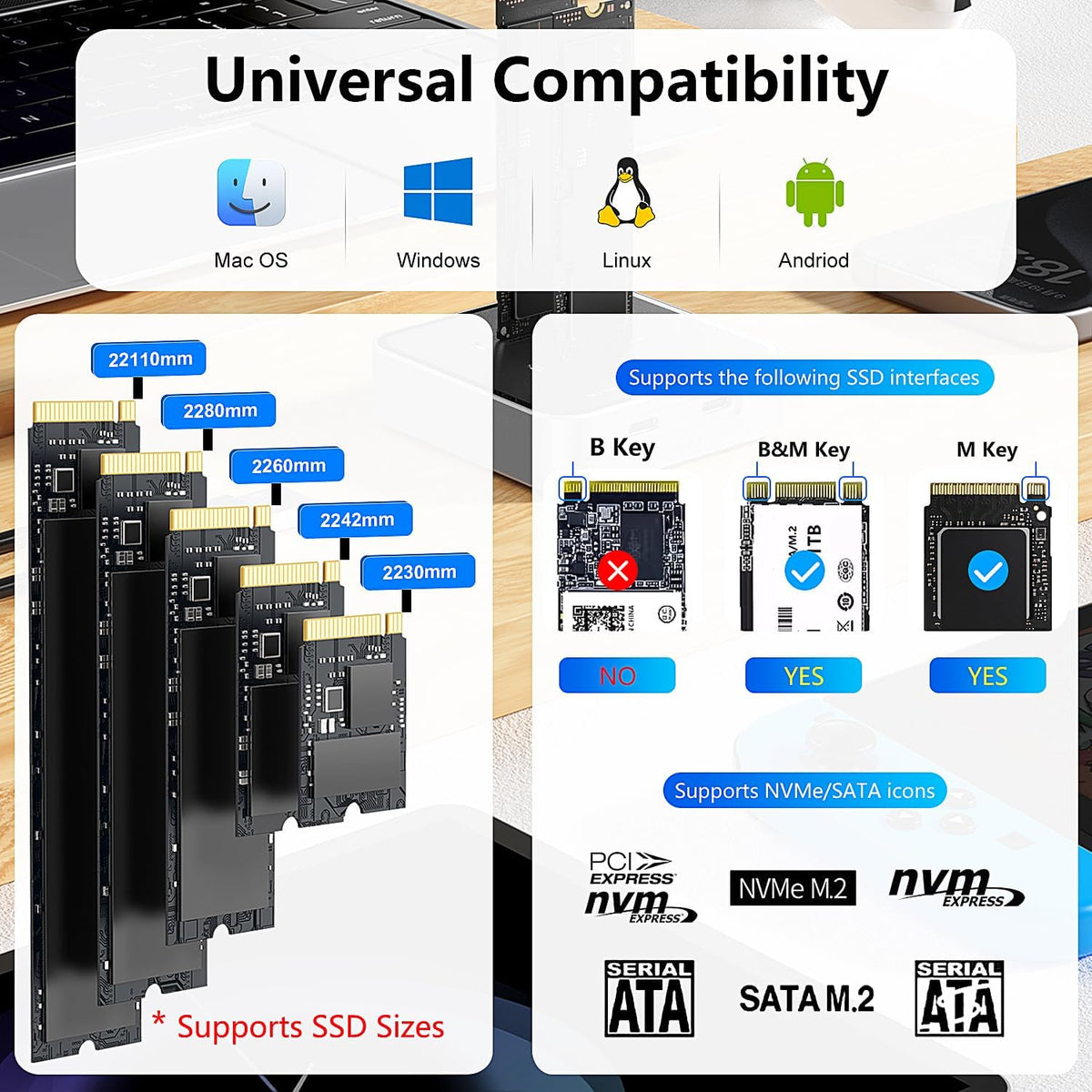 ‌Dual Bay M.2 NVMe & SATA SSD Enclosure – 10Gbps USB 3.2 Hub Docking Station, Up to 16TB, Plug & Play with Storage Case