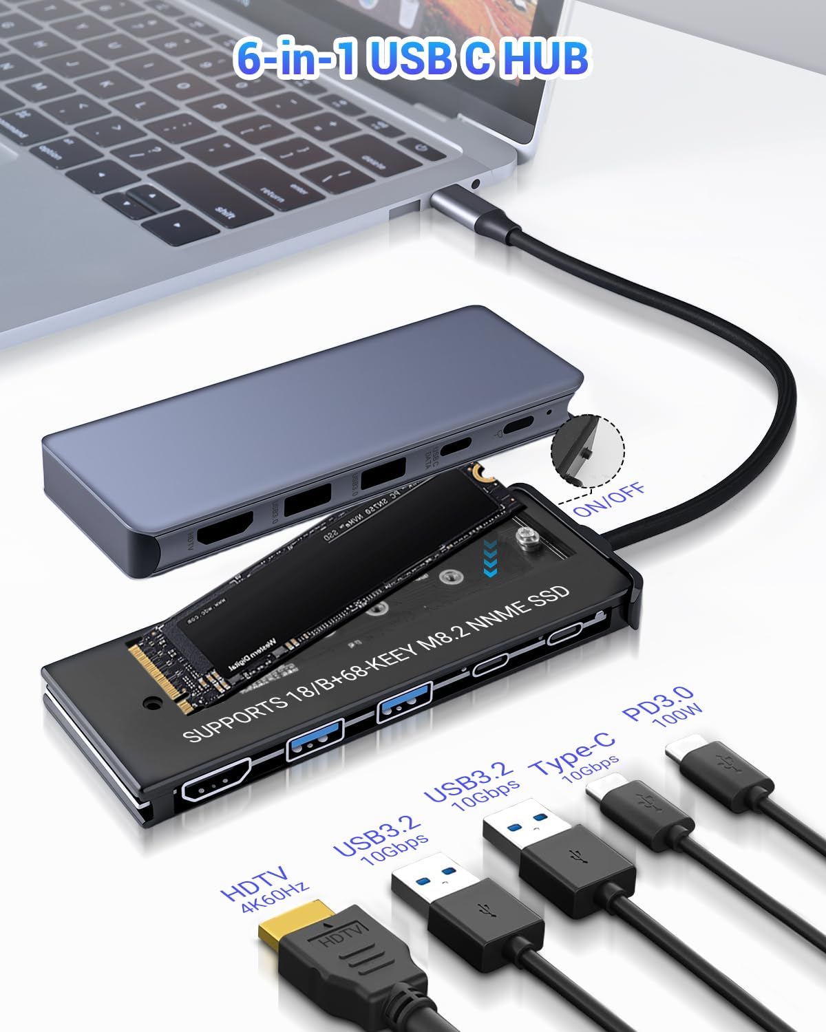 6 in 1 type-C Hub with M.2 NVMe SSD Enclosure, USB 3.2 10Gbps Ports, PD 100W , 4K@60Hz HDMI, High Speed USB NVMe Adapter, M.2 SSD Enclosure, Adapter for MacBook Pro/Air, Dell XPS-UH06-003