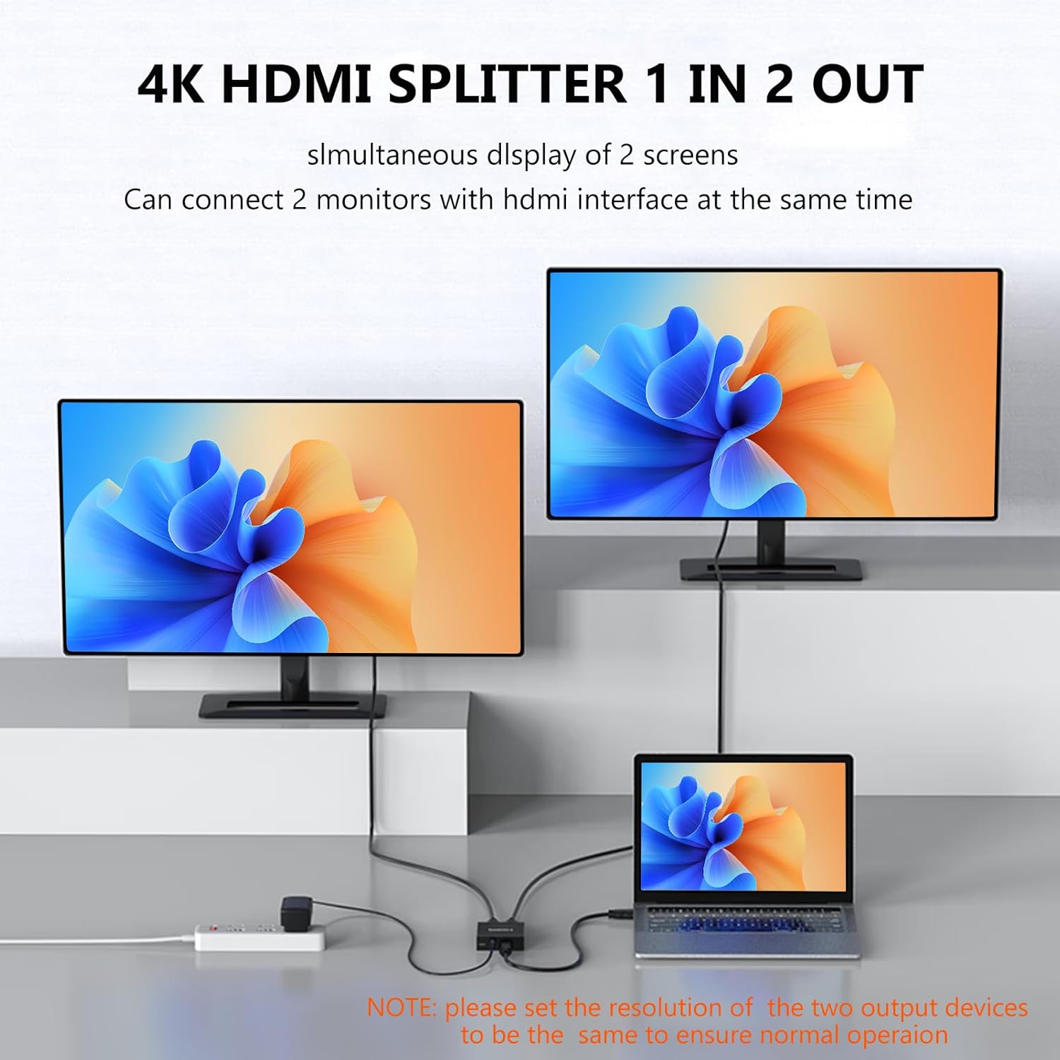 4K 1x2 HDMI Splitter1 in 2 Out, 2 Port Powered hdmi Splitters 4K@30Hz Dual Monitors Duplicate/Mirror (Not Extend) for PS4 /HDTV/Projector-HDXH2