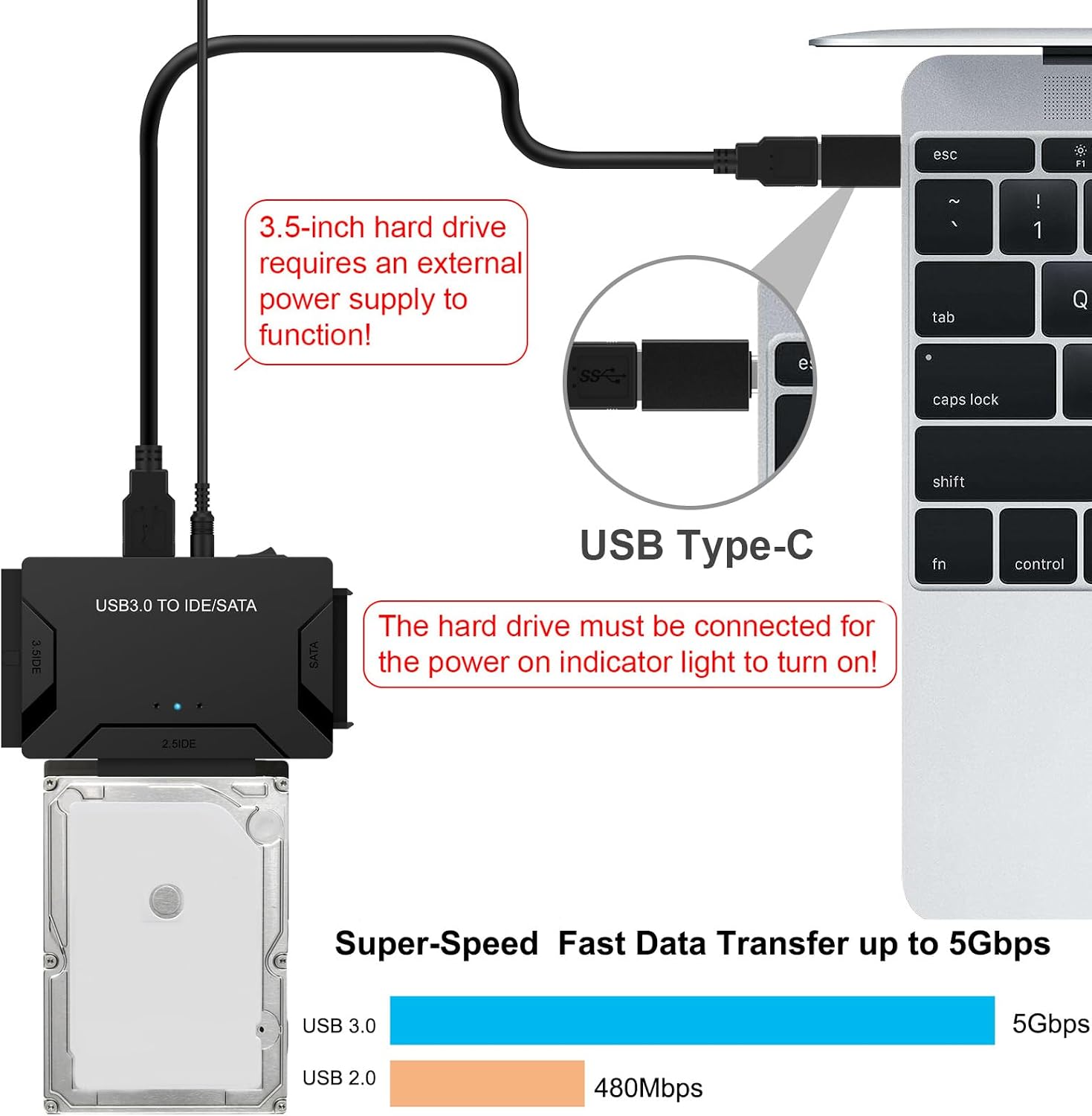 Hard Drive Reader USB 3.0 & Type C to SATA IDE Adapter, Data Transfer Kit Recovery Converter with 12V/2A Power for 2.5"/3.5" SATA/IDE HDD SSD Hard Disk Internal Blu-ray Drive, up to 20TB--ST01