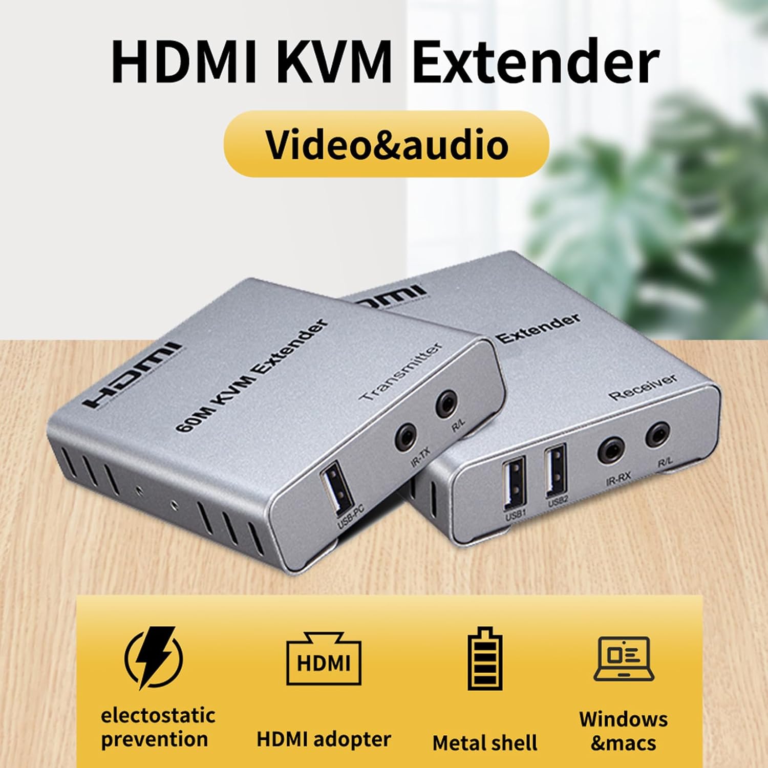 196FT（60m) HDMI KVM USB Extender with Loop Out and IR Control, HDMI KVM Extender Kit Balun 1080P 60Hz Over Cat5e/6 Ethernet Cable for USB Keyboard Mouse (TX and RX)-EX05-A-60-SY