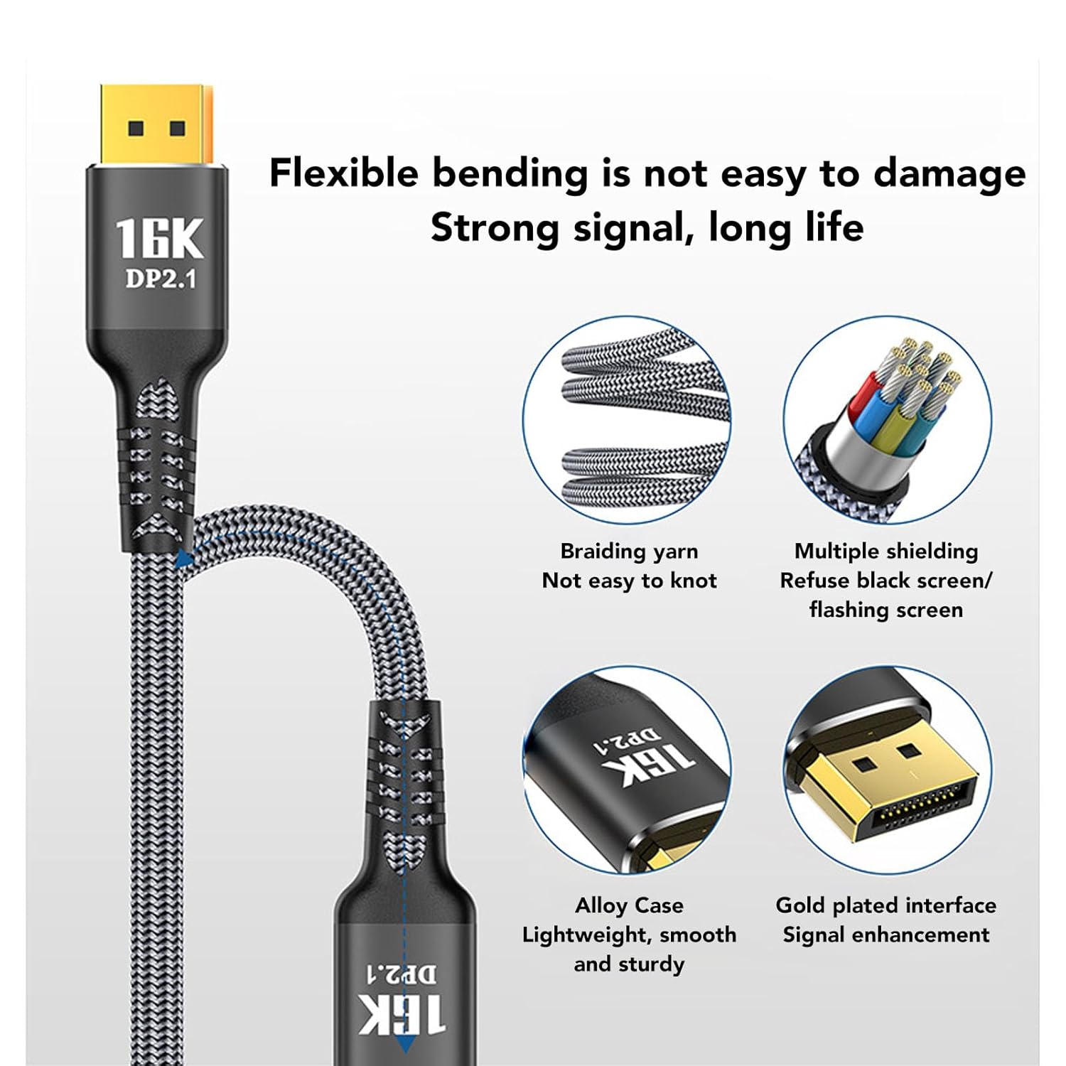 DisplayPort 2.1 Cable, 16K 30Hz 40Gbps Dynamic HDR 3D Audio, Male to Male Cable with 32bit Sound Sync, for G Sync FreeSync Gaming Monitors-AV98-A