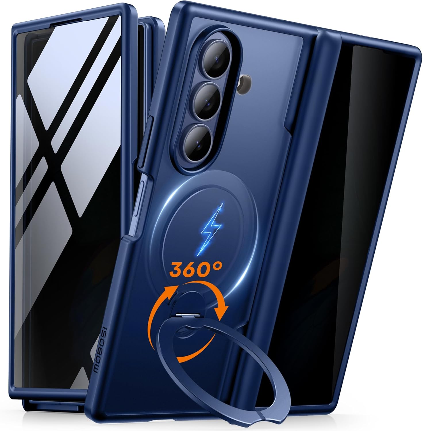 MOBOSI 18FT MIL-Grade Shockproof Phone Case for Samsung Galaxy Z Fold 7, MagSafe Compatible, Built-in Privacy Screen Protector & Rotatable Ring Stand, Slim Magnetic Protective Cover, Blue