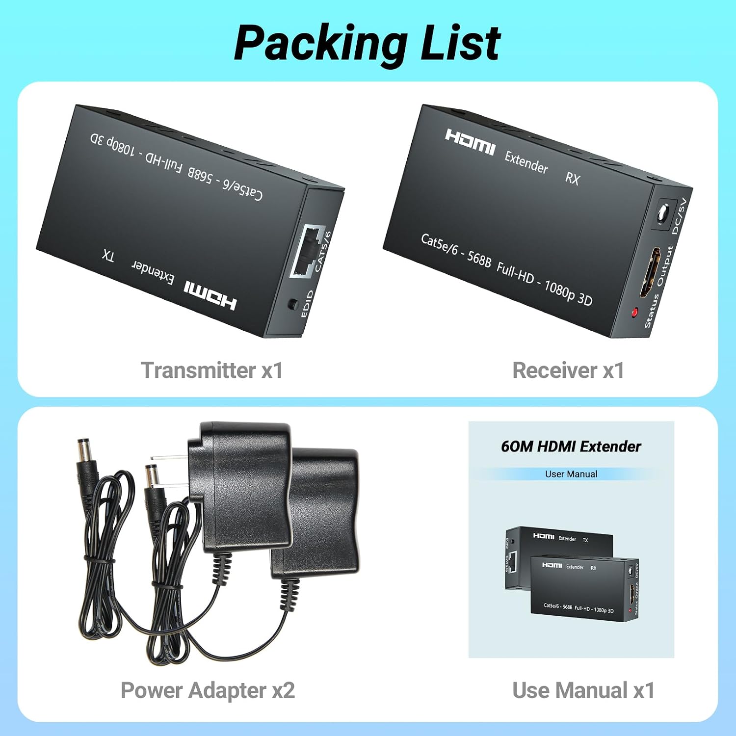 HDMI Extender Up to 60 Meters(196ft), Transmitter and Receiver Over Ethernet LAN, HDMI to Ethernet Repeater-EX01-A-60-BK