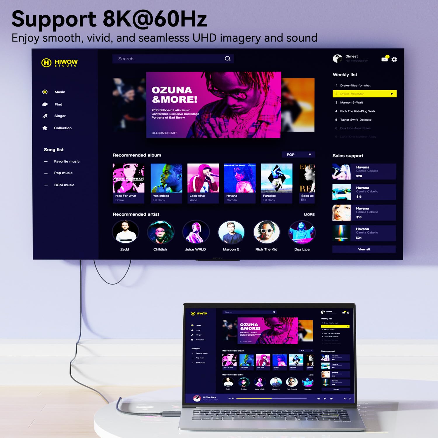 DisplayPort 1.4 to HDMI 2.1 Cable 8K@60Hz 4K@240Hz Unidirectional DP (Source) to HDMI (Display) with USB 5V/1A Power Supply Support HDR/DSC/HDCP 2.3 for AMD NVIDIA --AV12-A