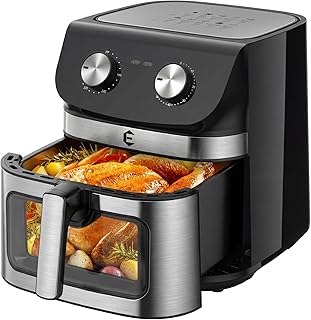 9.5Qt Large Air Fryer Oven, 12 Digital Preset Airfryer Toaster Oven Combo with Touchscreen, Non Toxic Stainless Steel Air Fryer with Viewing Window, XL Capacity Basket Style Airfryer for Family, Black