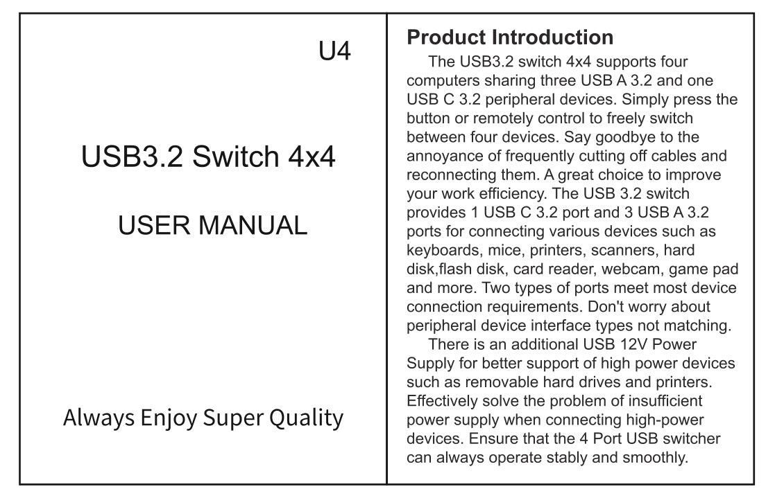 4x4 USB 3.2 Switcher Selector for 4 Computers, USB C A 10Gbps Inputs, Share Keyboard Mouse Printer Scanner, with Cable, Remote Control and Adapter-EX40-A-1-BK