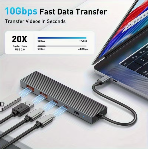 5-in-1 USB-C Hub, PD100W,Dual 10Gbps USB-A 3.2 Data Ports, Dual 10Gbps USB-C 3.2 Data Ports, PD 100W Charging Port, Aluminum Alloy Stripe Design Compact and Portable compatible with Windows, Mac OS, and Android systems.-UH05-0001