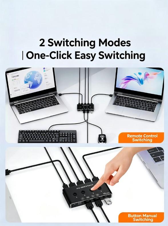 4x4 USB 3.2 Switcher Selector for 4 Computers, USB C A 10Gbps Inputs, Share Keyboard Mouse Printer Scanner, with Cable, Remote Control and Adapter-EX40-A-1-BK
