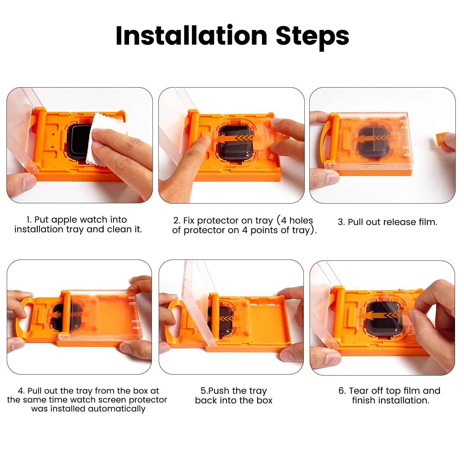 Suitable for Apple Watch Series 6 / 5 / 4 / SE 44mm 2-piece package. Dust-proof and dust-proof protective film kit with anti-drop and anti-dirt feature. Screen-printed tempered film (transparent + black border)