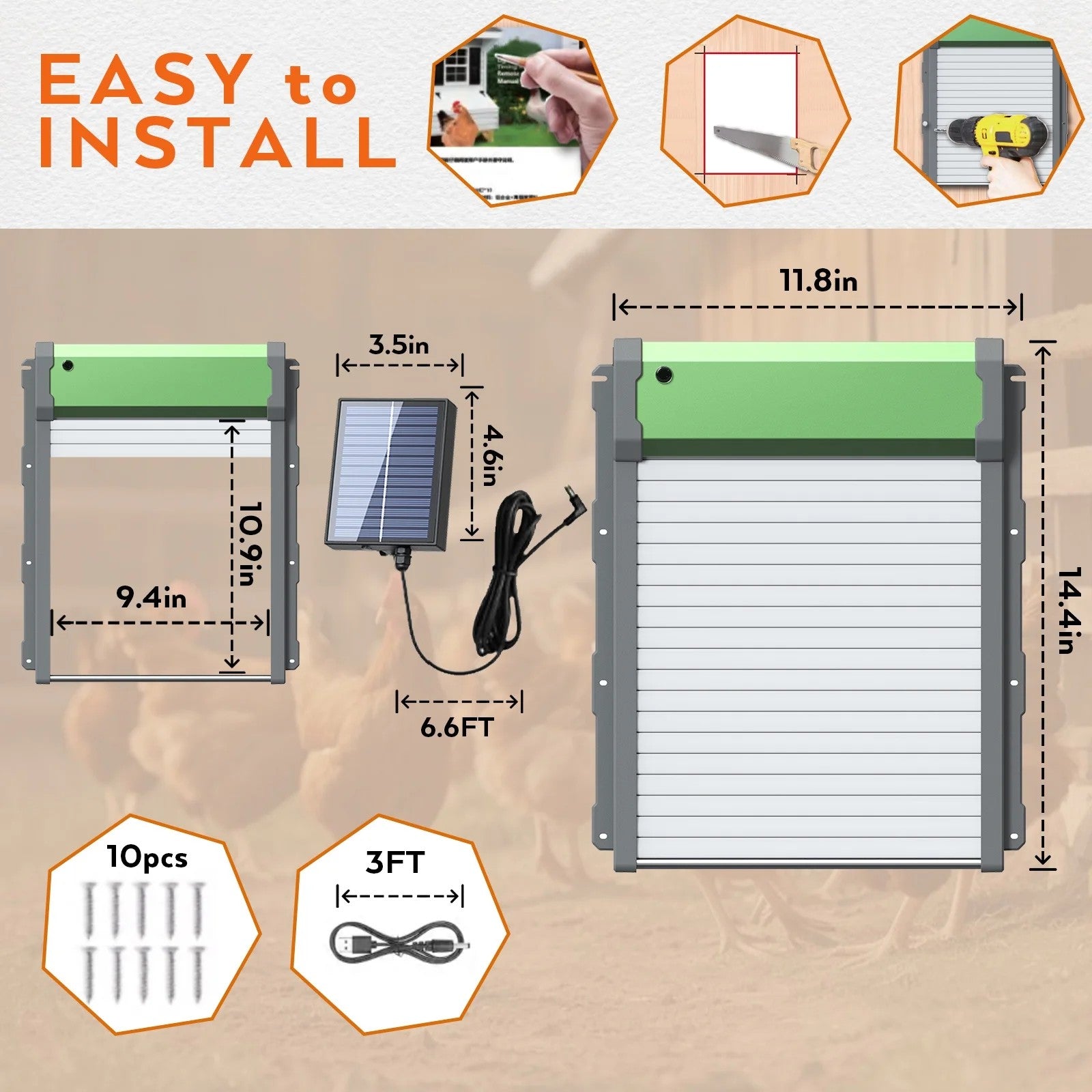 Automatic Chicken Coop Door Solar Powered, 4 Modes Battery Powered Auto Chicken Door with Timer & Light Sensor, Remote Control, Aluminum Roller Shutter Door Look, Anti-Pinch Design