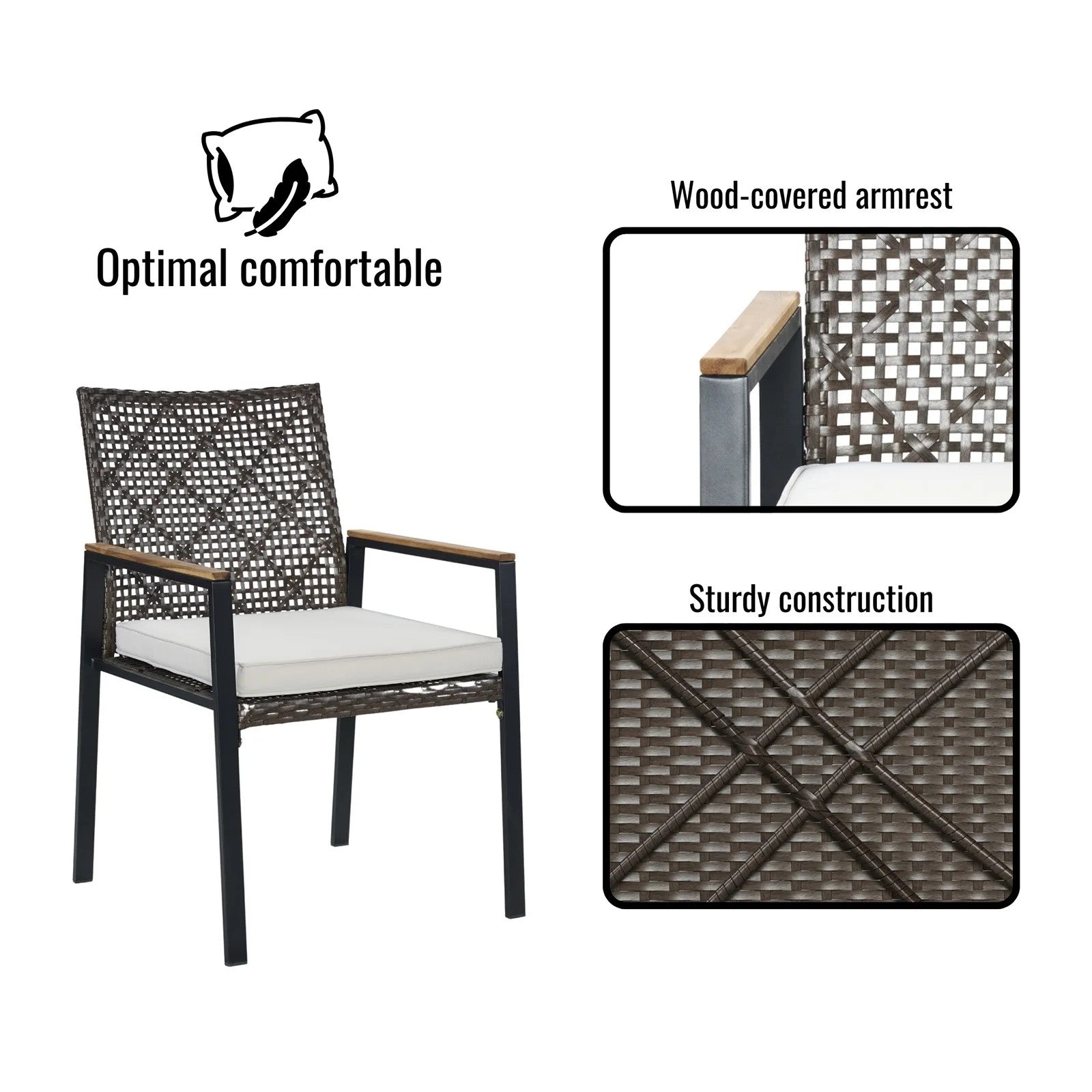 5 Piece Patio Dining Table Set, All Weather Outdoor Conversation Furniture, 4 Wicker Chairs with Cushions, Acacia Wood Square Table Top with Umbrella Hole, for Garden Backyard, Brown