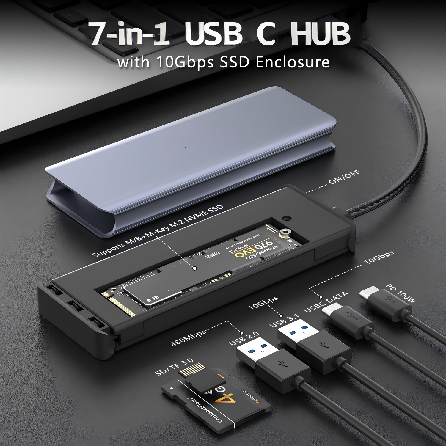 7-in-1 type C Hub with M.2 NVMe SSD Enclosure, 10Gbps USB-C/3.1 Gen2, 100W PD, USB 2.0, PCIe 3.0 Support for MacBook Pro & Type-C Devices-UH07-001