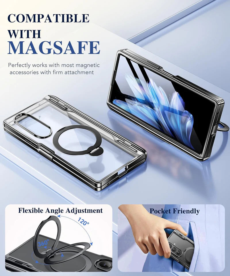 Magsafe Compatible Armor Hard Slim Case for Samsung Galaxy Z Fold 7, MOBOSI 360 Spin Magnetic Stand with Ring Kickstand, MIL-Grade Hinge Protection, Black