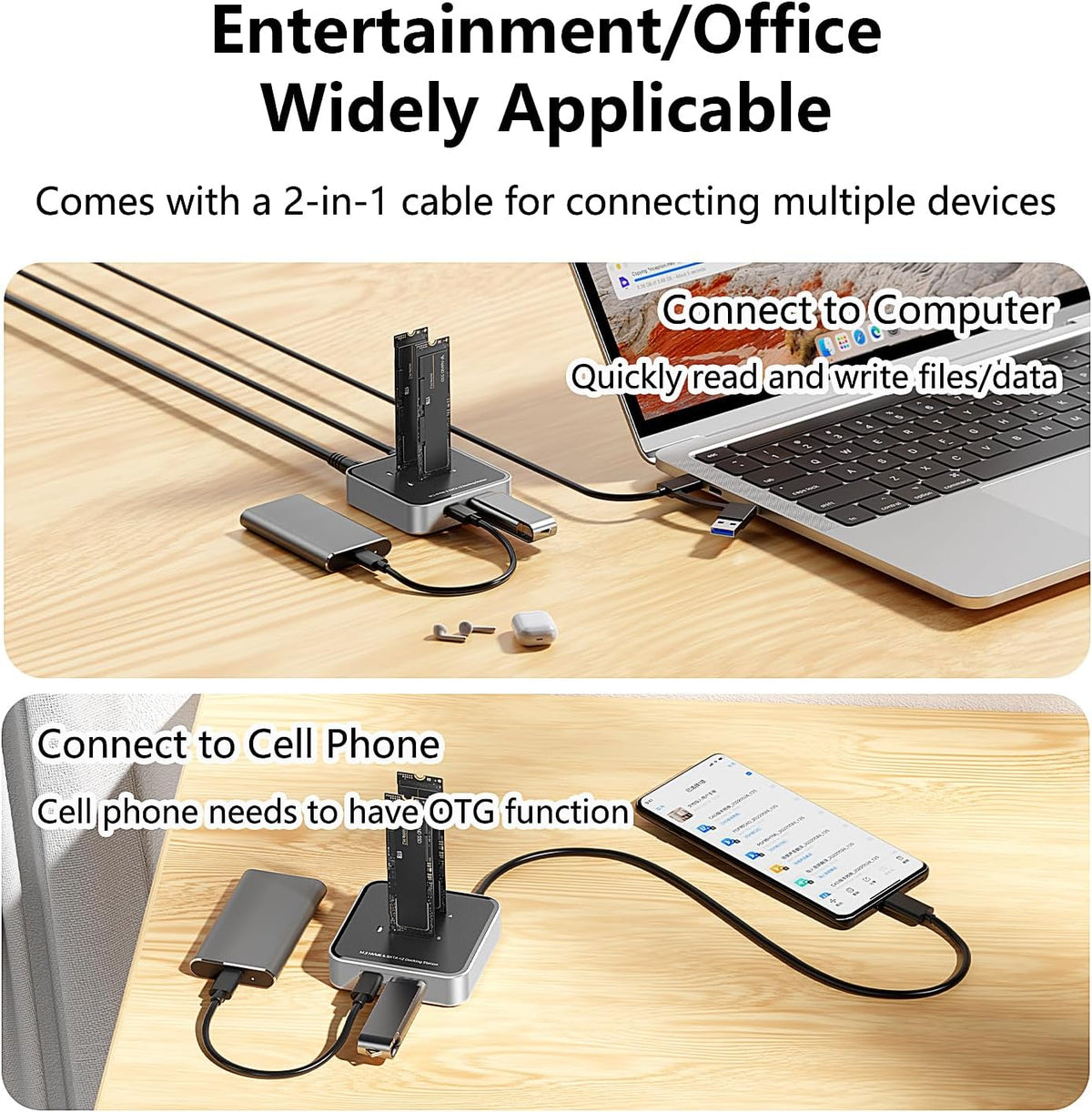 ‌Dual Bay M.2 NVMe & SATA SSD Enclosure – 10Gbps USB 3.2 Hub Docking Station, Up to 16TB, Plug & Play with Storage Case