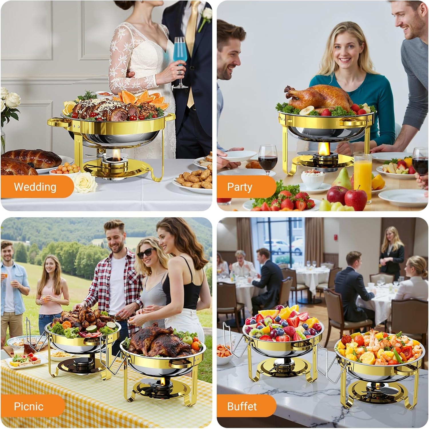 Chafing Dishes for Buffet 4 Pack,5QT Food Warmers for Parties Buffet,Stainless Steel Round Chafers and Buffet Warmers Sets for Home,Gatherings,Birthday,Parties,Church Events,Catering Events
