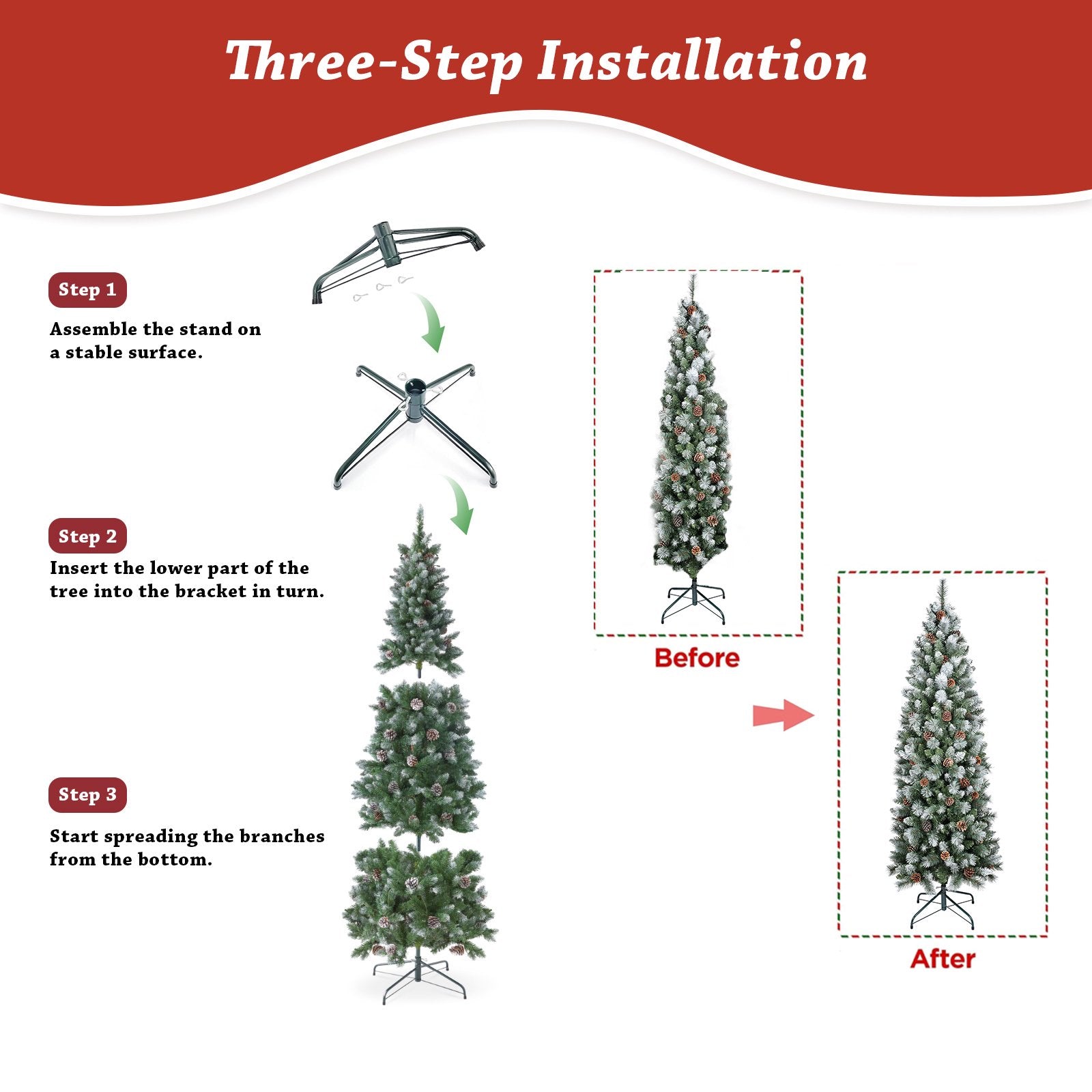 Pre-lit Christmas Tree with 250 Warm LED Lights, iCapeson 6ft Pencil Artificial with Partially Flocked & Frosted Slim Holiday Tree Decoration, 37 Pine Cones, 595 Branch Tips, Metal Stand