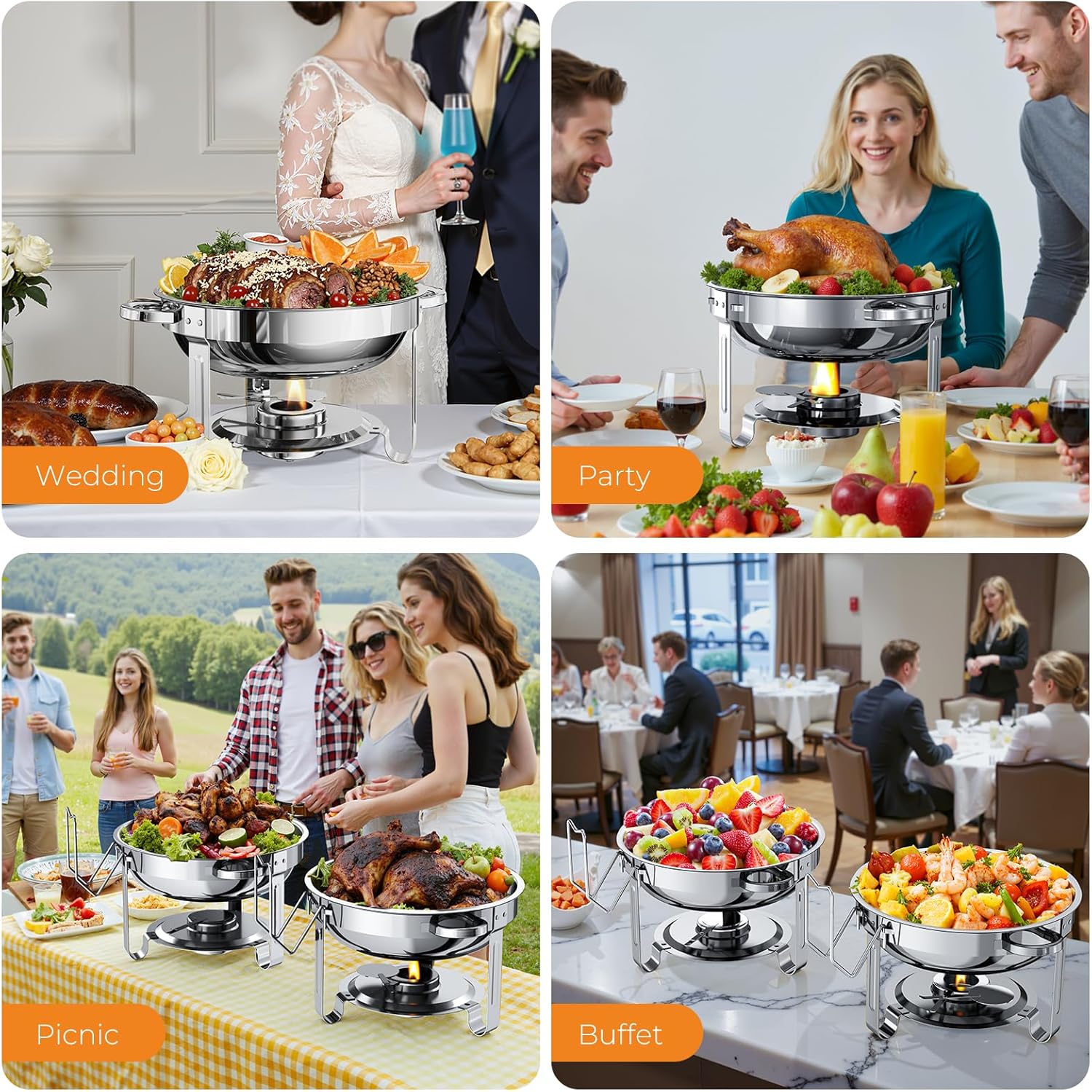 Chafing Dishes for Buffet 4 Pack, 5QT Round Stainless Steel Chafing Dish Set Food Pan with Lid, Buffet Warmers Sets for Home, Gatherings, Birthday, Parties, Church Events,Catering Events